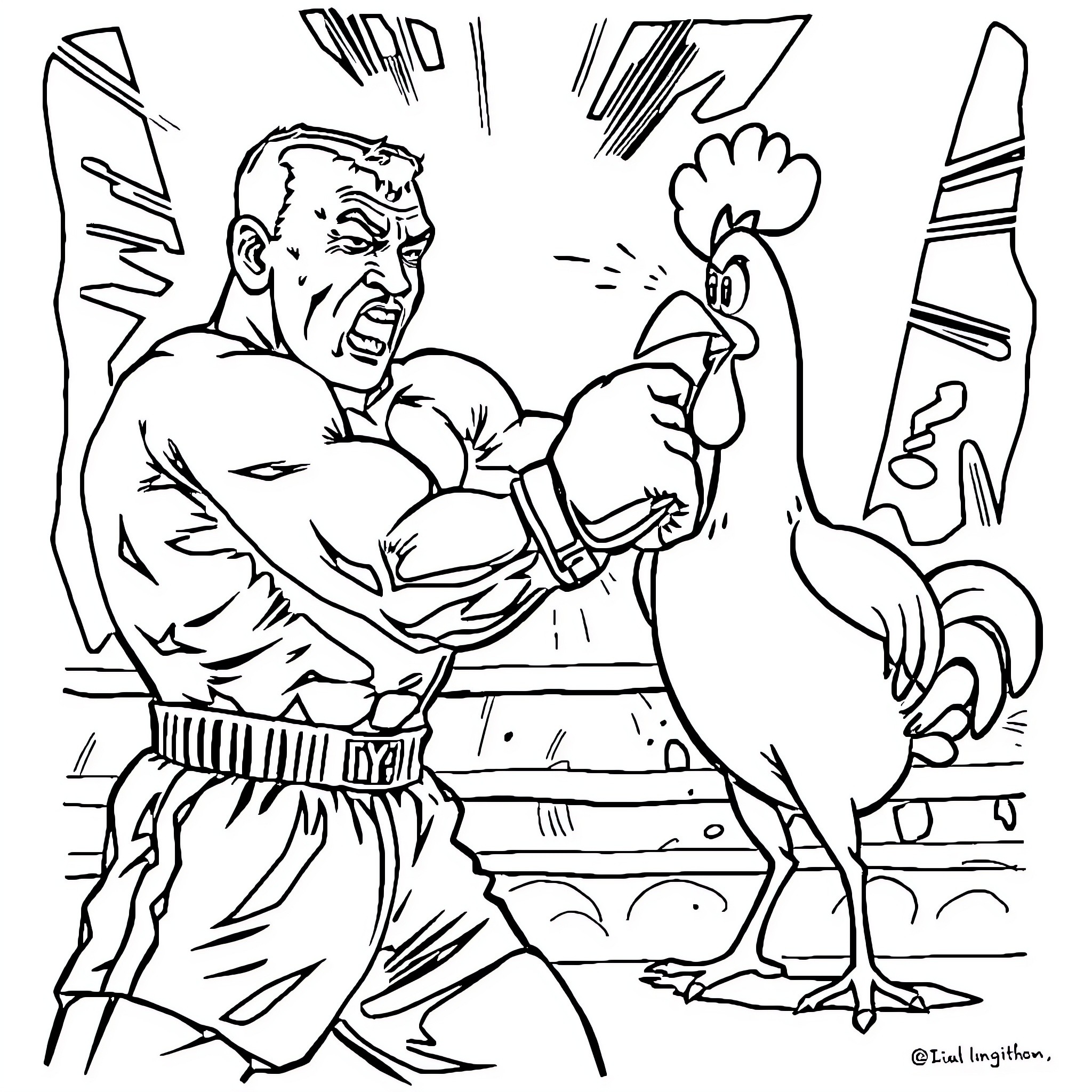 Mike Tyson Fights Rooster in Bizarre Showdown Coloring Page (free black-and-white line drawing printable PDF for all, from beginners to advanced learners, including children, teens, adults, and seniors)