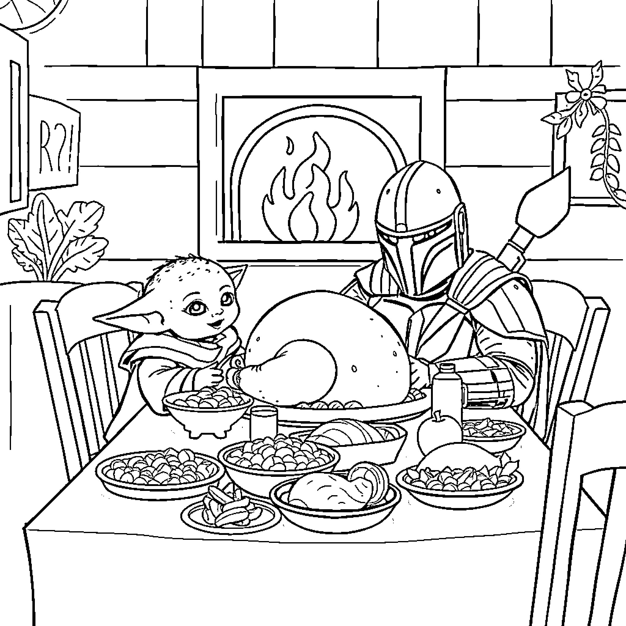 Yoda and Mandalorian Sharing a Festive Meal Coloring Page (free black-and-white line drawing printable PDF for all, from beginners to advanced learners, including children, teens, adults, and seniors)