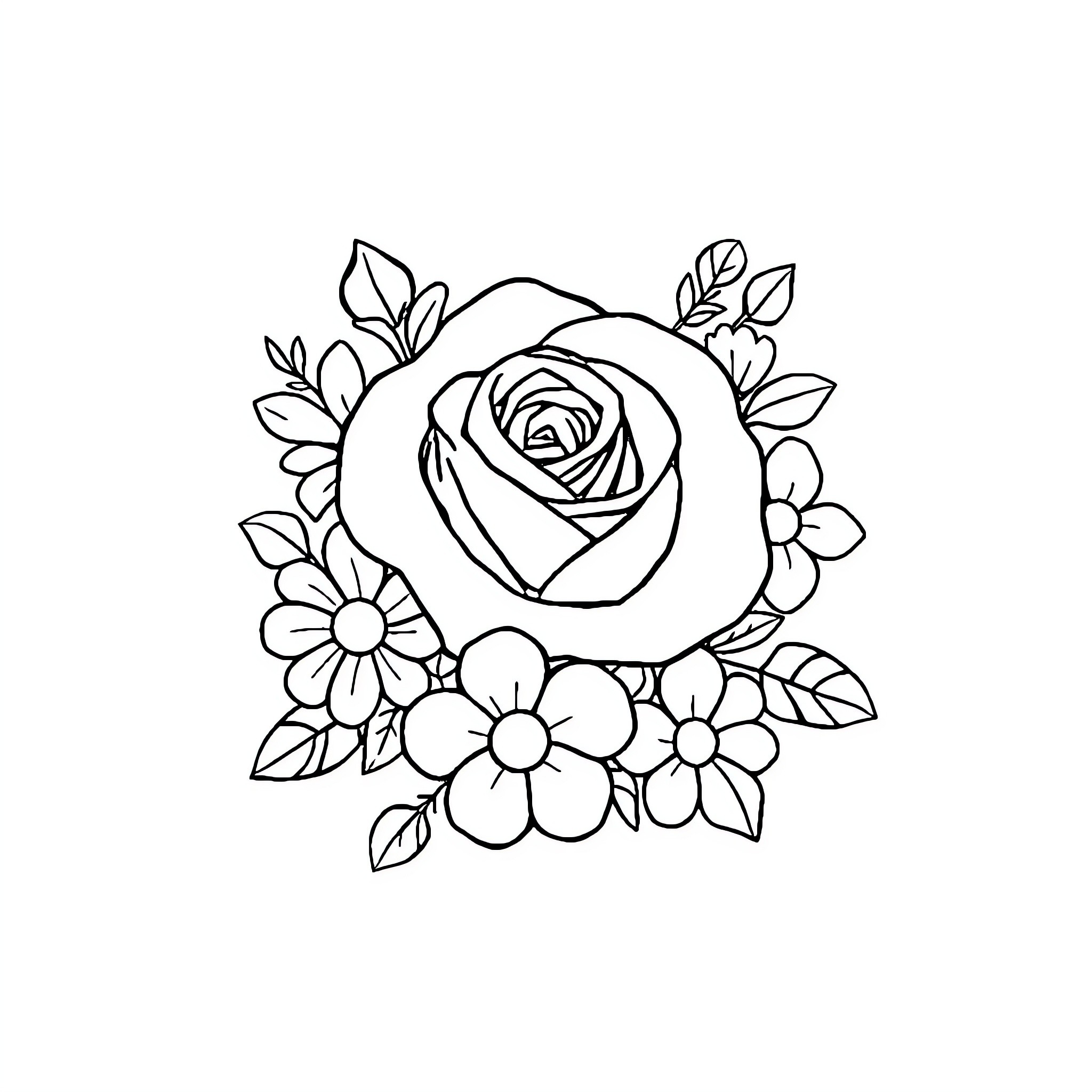 Logo of floral design with rose and flowers Coloring Page (free black-and-white line drawing printable PDF for all, from beginners to advanced learners, including children, teens, adults, and seniors)