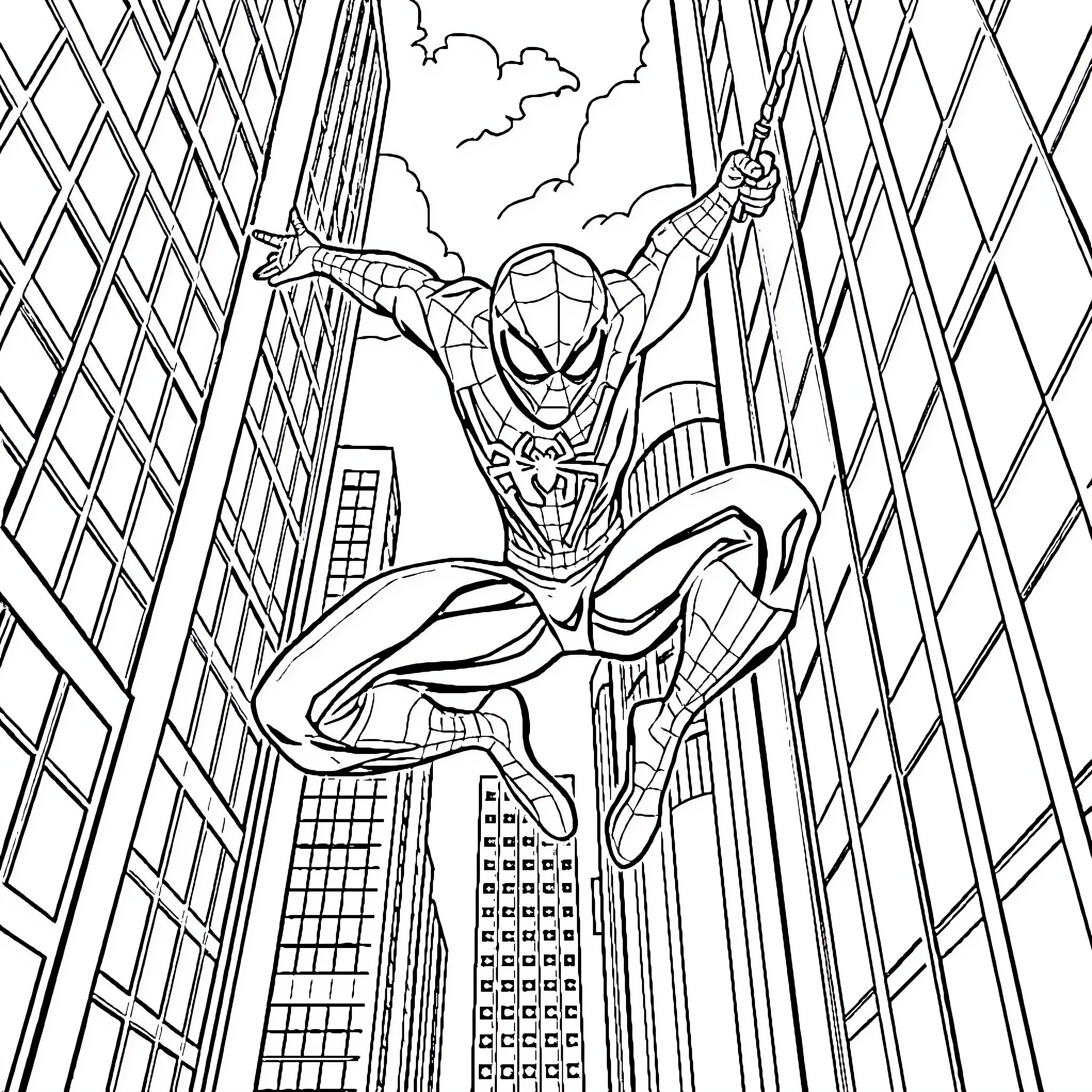 Spiderman swinging through the city skyline Coloring Page (free black-and-white line drawing printable PDF for all, from beginners to advanced learners, including children, teens, adults, and seniors)