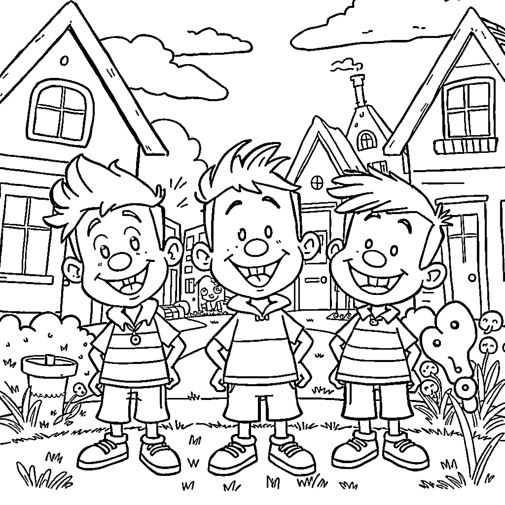 Ed and his friends explore the neighborhood Coloring Page (free black-and-white line drawing printable PDF for all, from beginners to advanced learners, including children, teens, adults, and seniors)