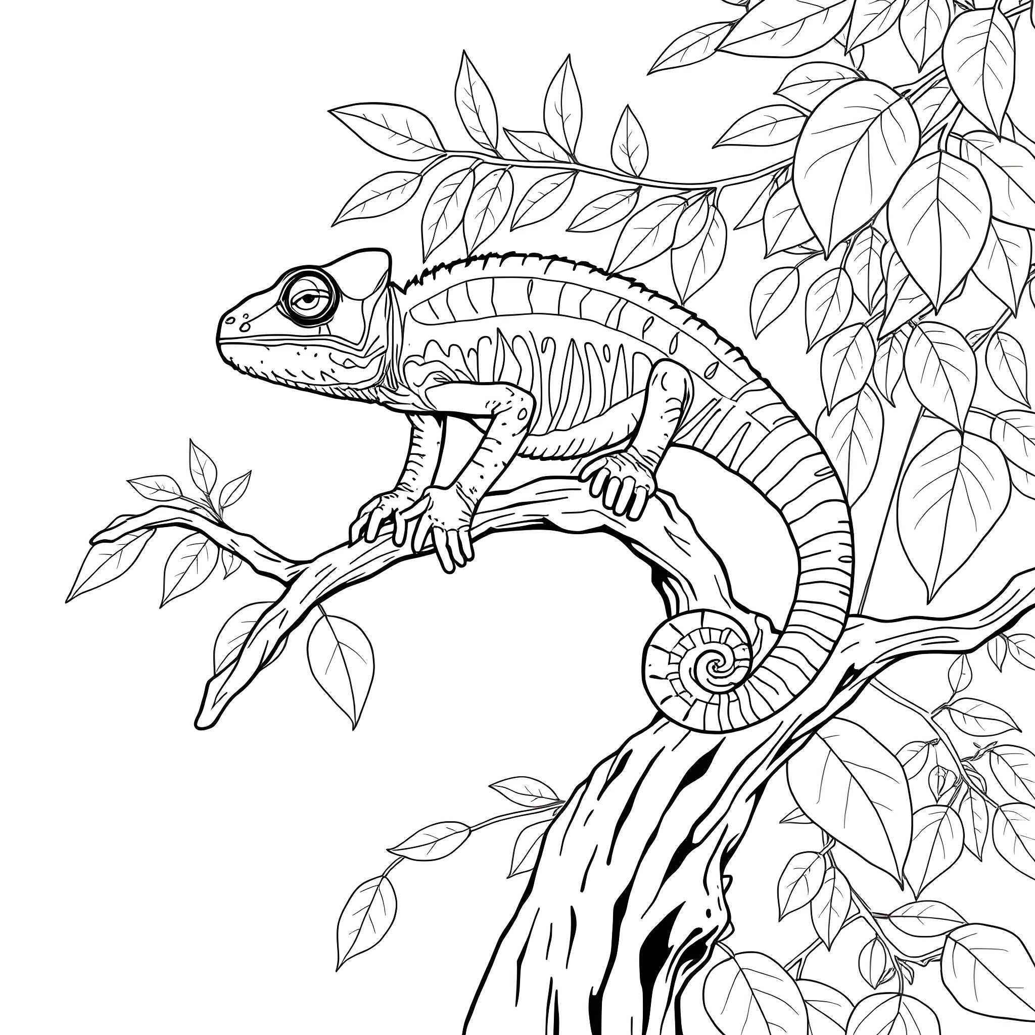 Chameleon perching on tree branch amid lush foliage Coloring Page (free black-and-white line drawing printable PDF for all, from beginners to advanced learners, including children, teens, adults, and seniors)
