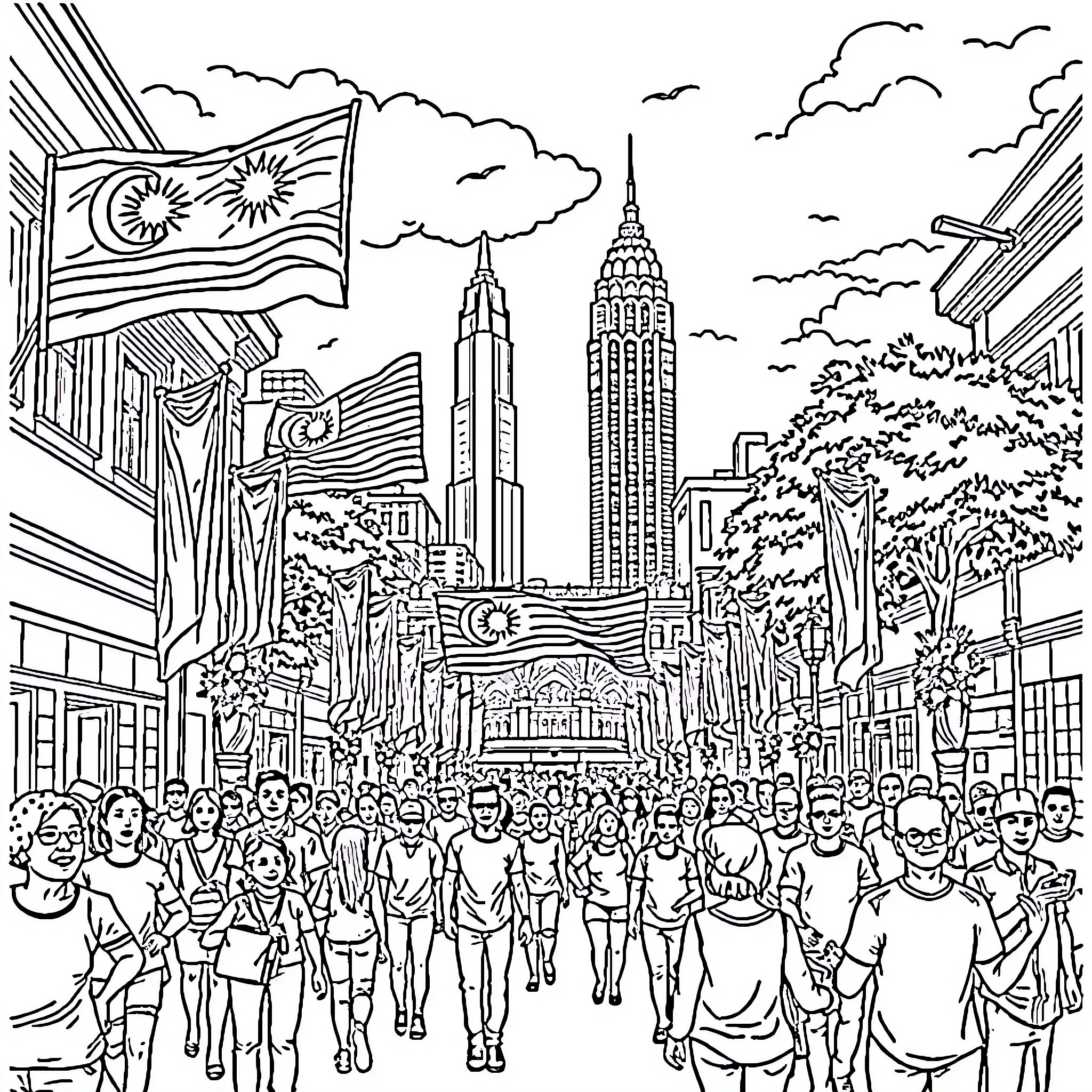 Malaysia's Bustling City with Crowds Coloring Page (free black-and-white line drawing printable PDF for all, from beginners to advanced learners, including children, teens, adults, and seniors)