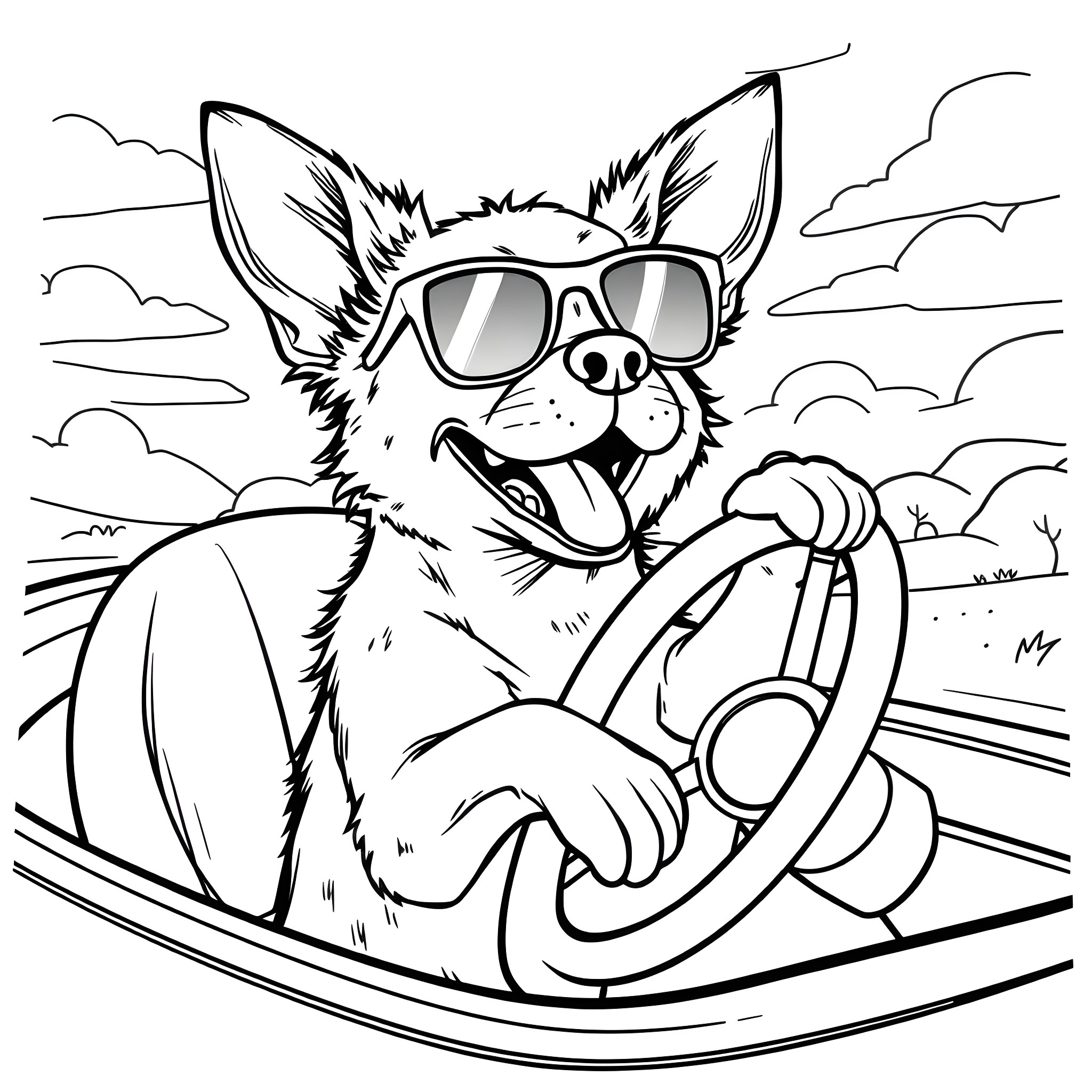 Dog driving car with sunglasses Coloring Page (free black-and-white line drawing printable PDF for all, from beginners to advanced learners, including children, teens, adults, and seniors)