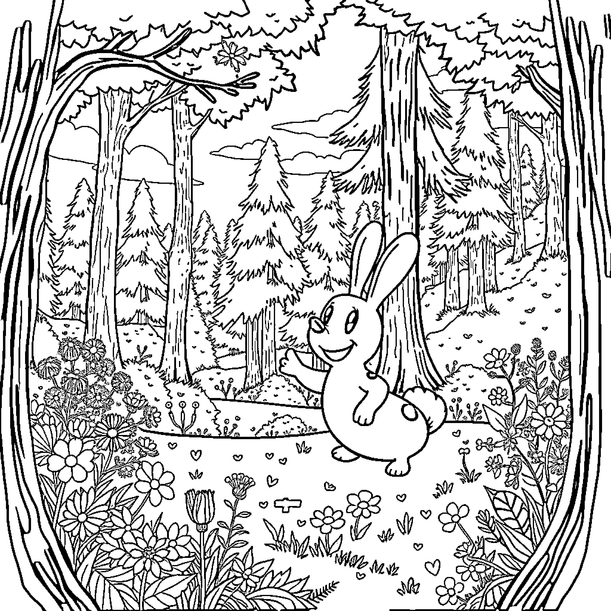 Tjip the Rabbit's Woodland Adventure Coloring Page (free black-and-white line drawing printable PDF for all, from beginners to advanced learners, including children, teens, adults, and seniors)