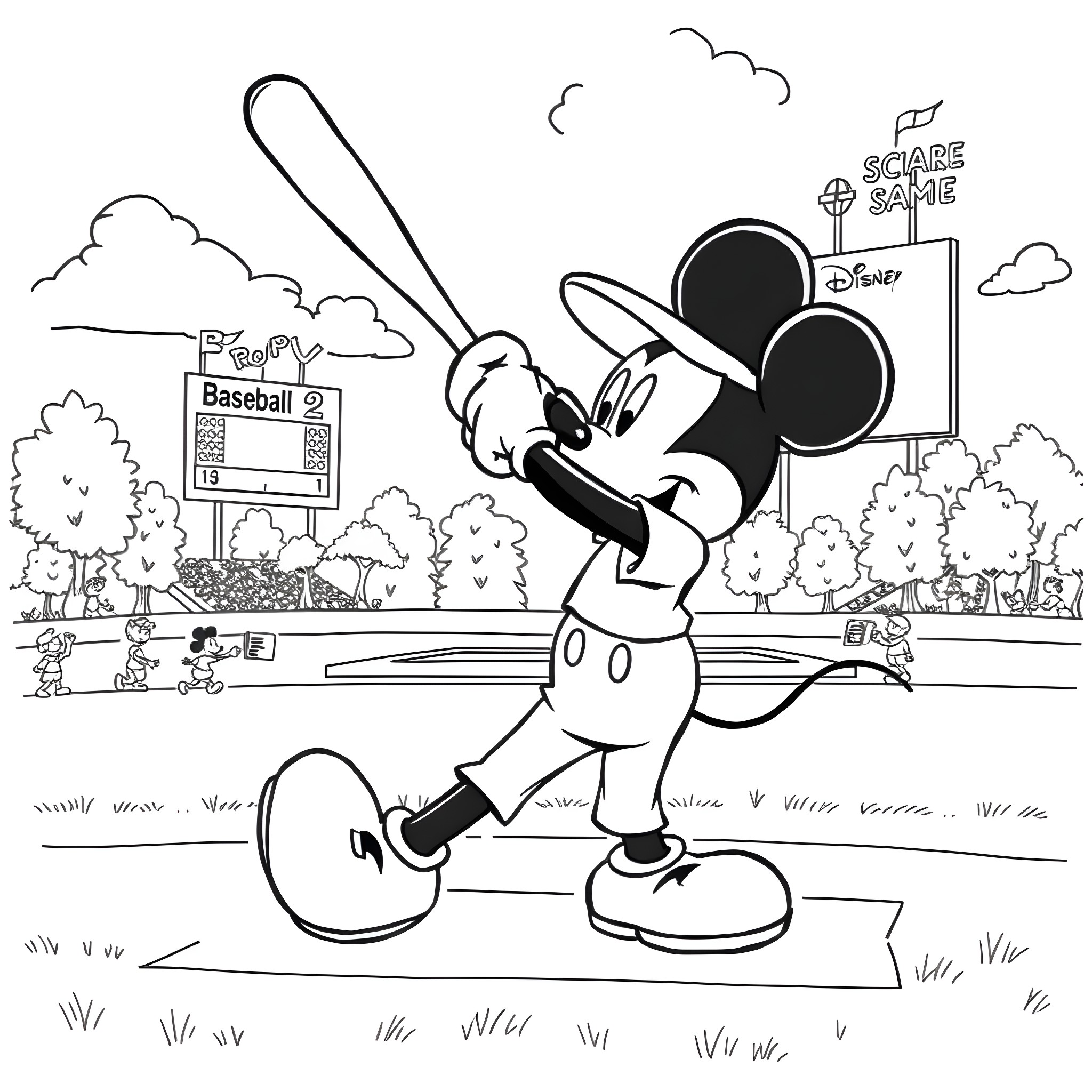 Mickey Mouse playing baseball in the park Coloring Page (free black-and-white line drawing printable PDF for all, from beginners to advanced learners, including children, teens, adults, and seniors)