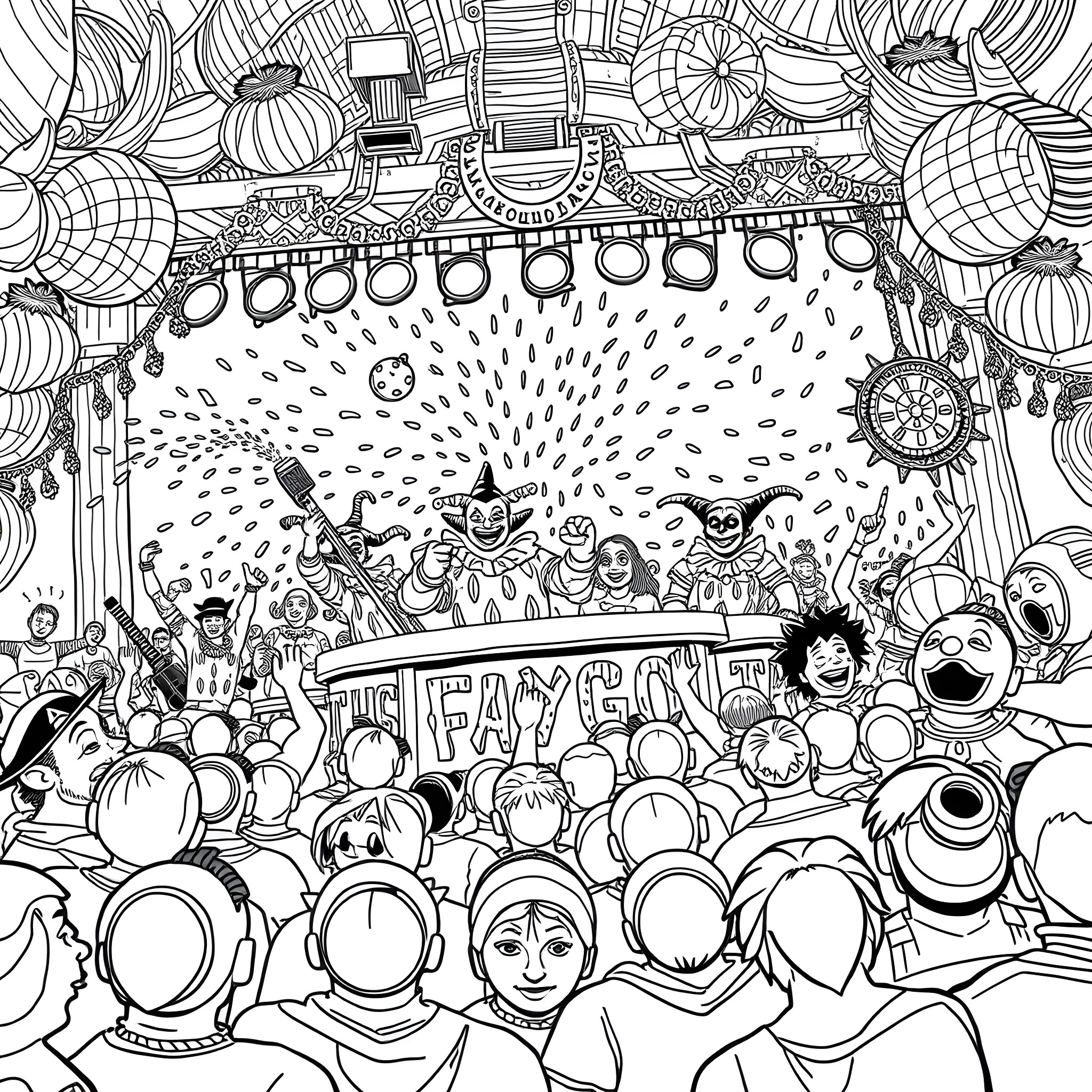 Clown performers entertaining a crowd at the fair Coloring Page (free black-and-white line drawing printable PDF for all, from beginners to advanced learners, including children, teens, adults, and seniors)