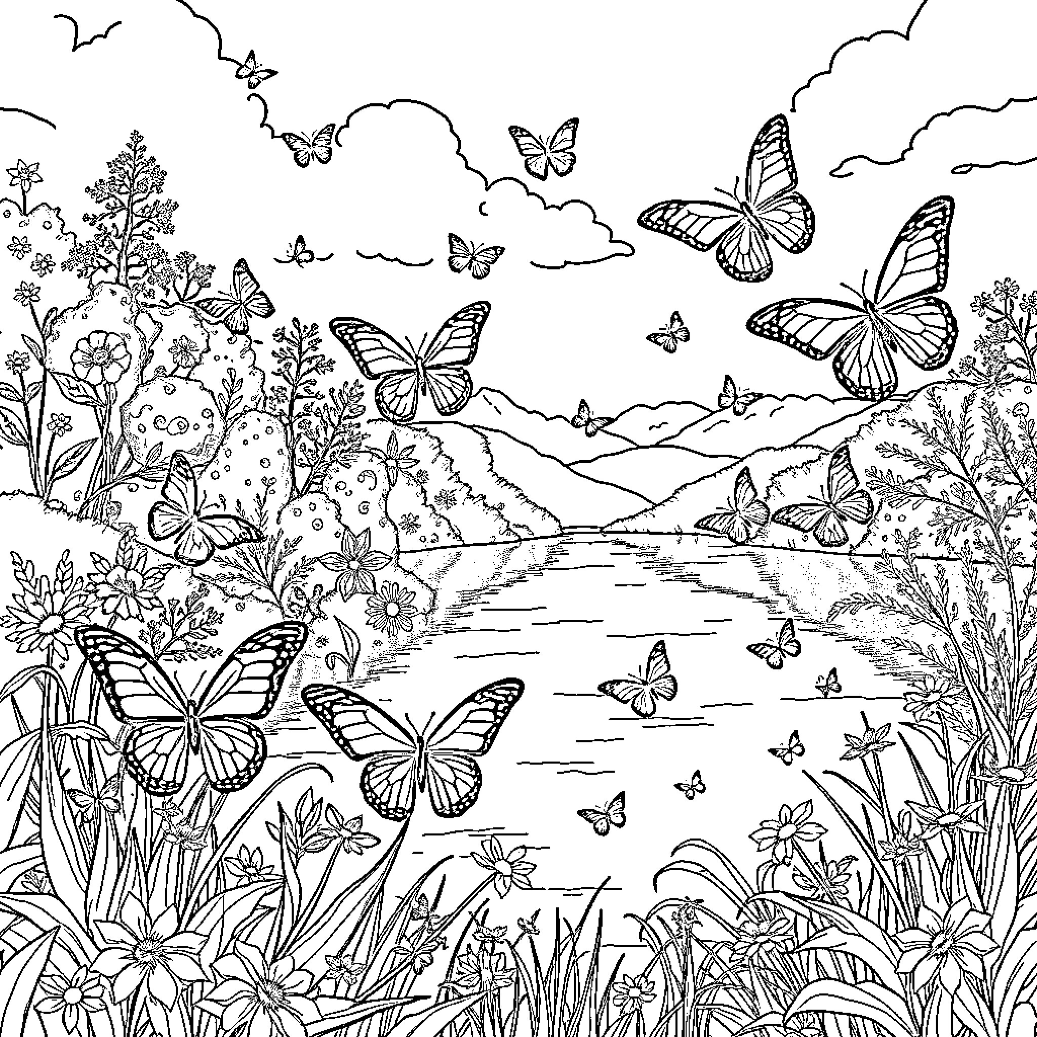 Lake Filled with Butterflies and Lush Vegetation Coloring Page (free black-and-white line drawing printable PDF for all, from beginners to advanced learners, including children, teens, adults, and seniors)