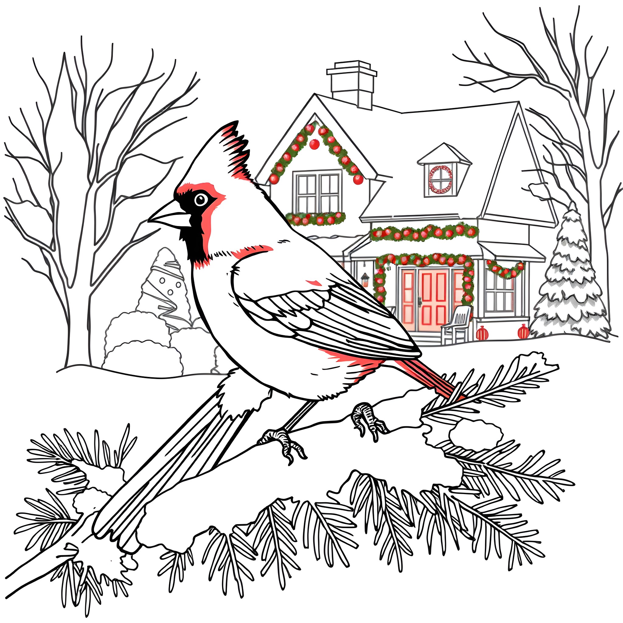 Cardinal Perched on a Winter Wonderland Scene Coloring Page (free black-and-white line drawing printable PDF for all, from beginners to advanced learners, including children, teens, adults, and seniors)