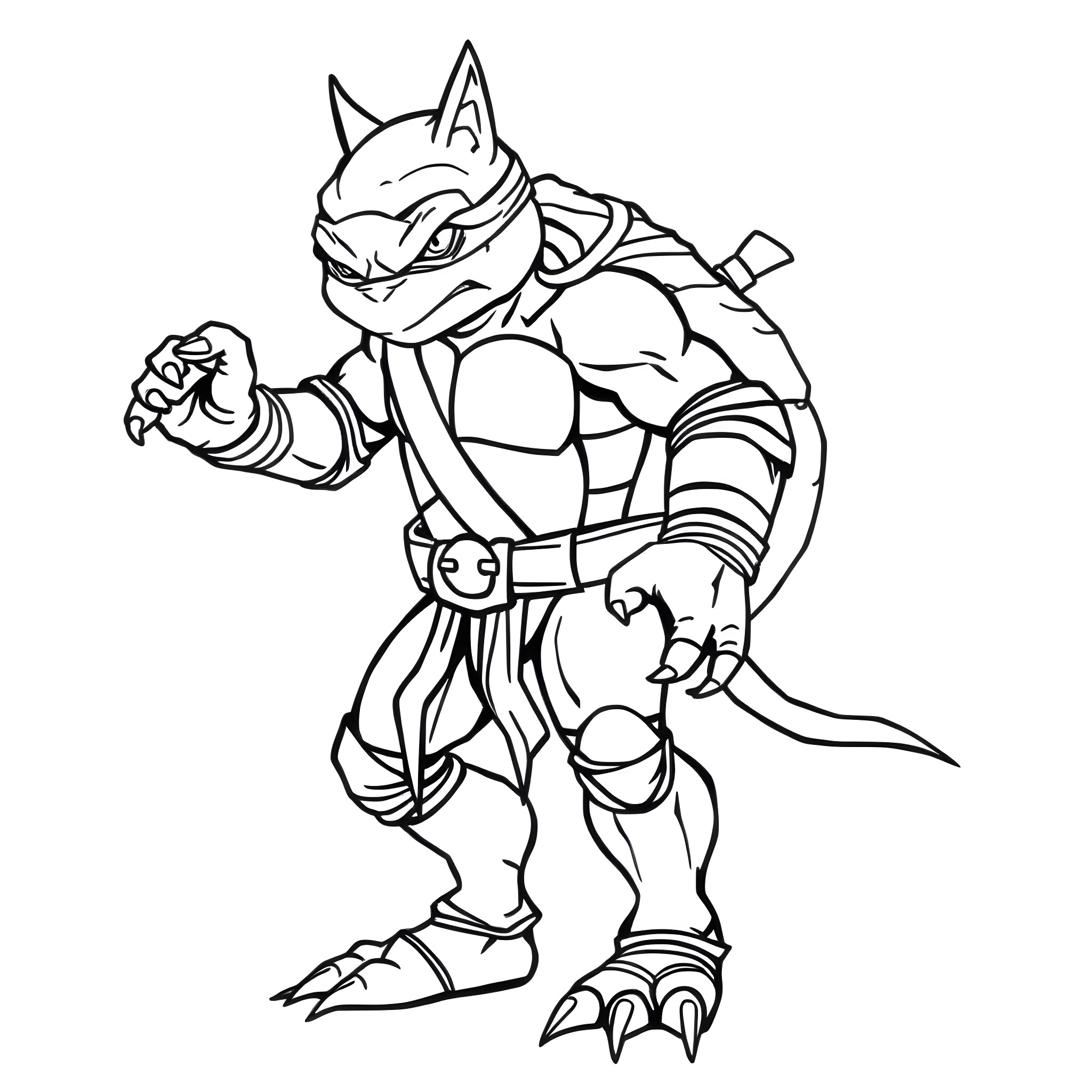 Ninja Turtle character in action pose Coloring Page (free black-and-white line drawing printable PDF for all, from beginners to advanced learners, including children, teens, adults, and seniors)