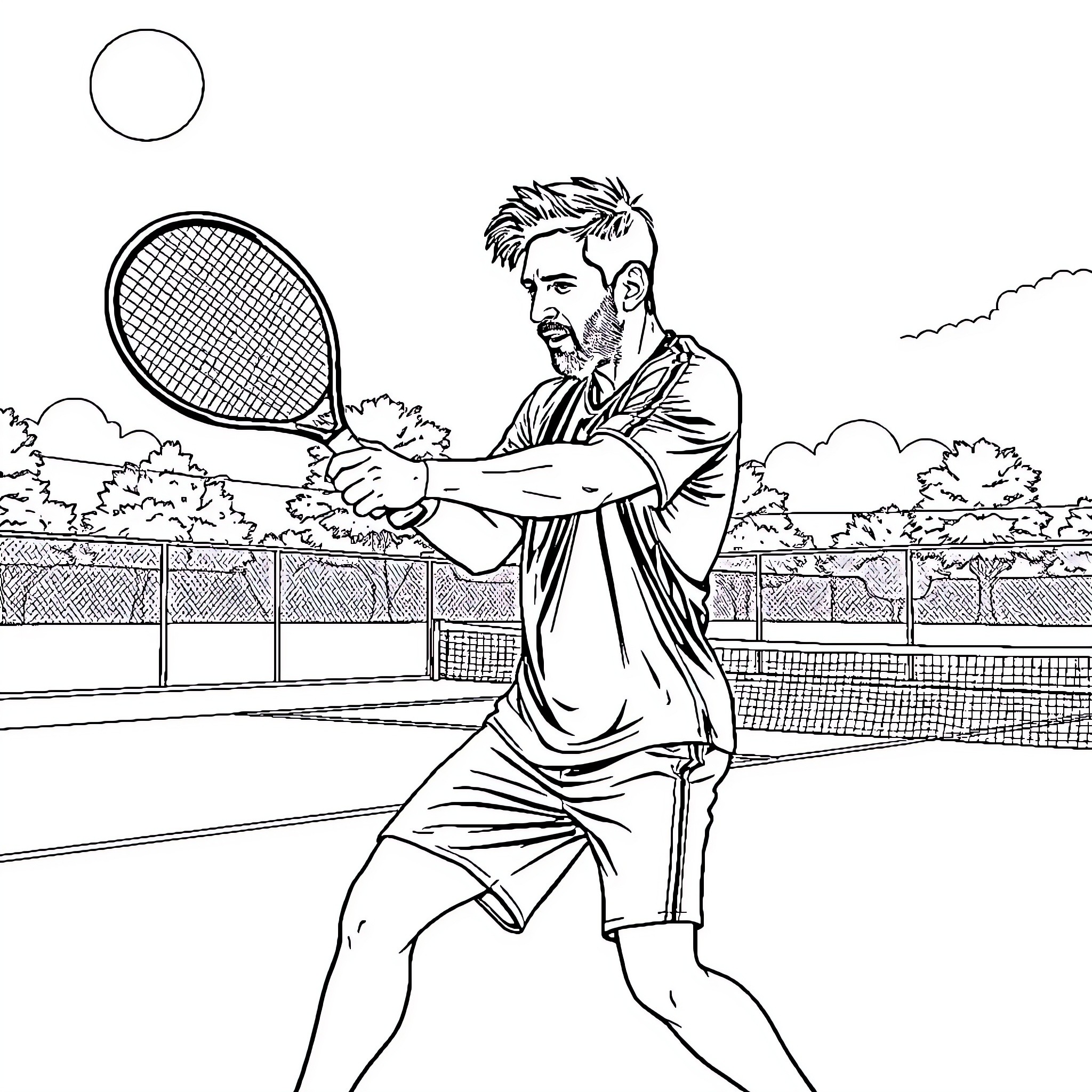 Messi in tennis court - playing with racket Coloring Page (free black-and-white line drawing printable PDF for all, from beginners to advanced learners, including children, teens, adults, and seniors)