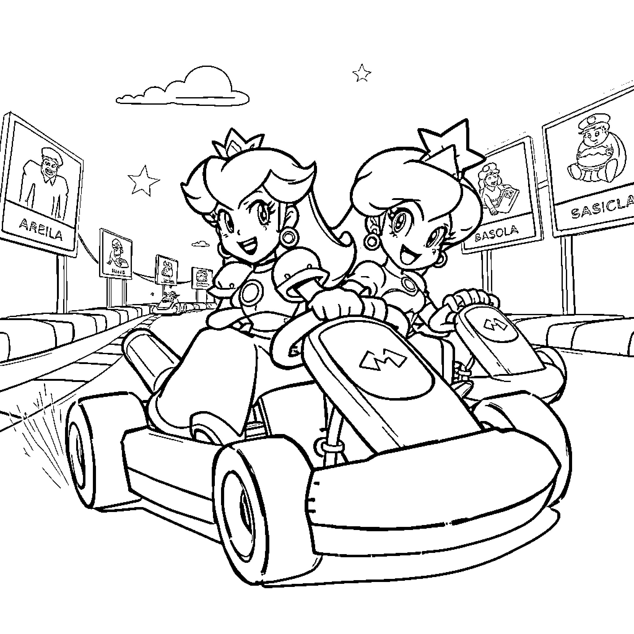 Peach characters racing in go-karts Coloring Page (free black-and-white line drawing printable PDF for all, from beginners to advanced learners, including children, teens, adults, and seniors)