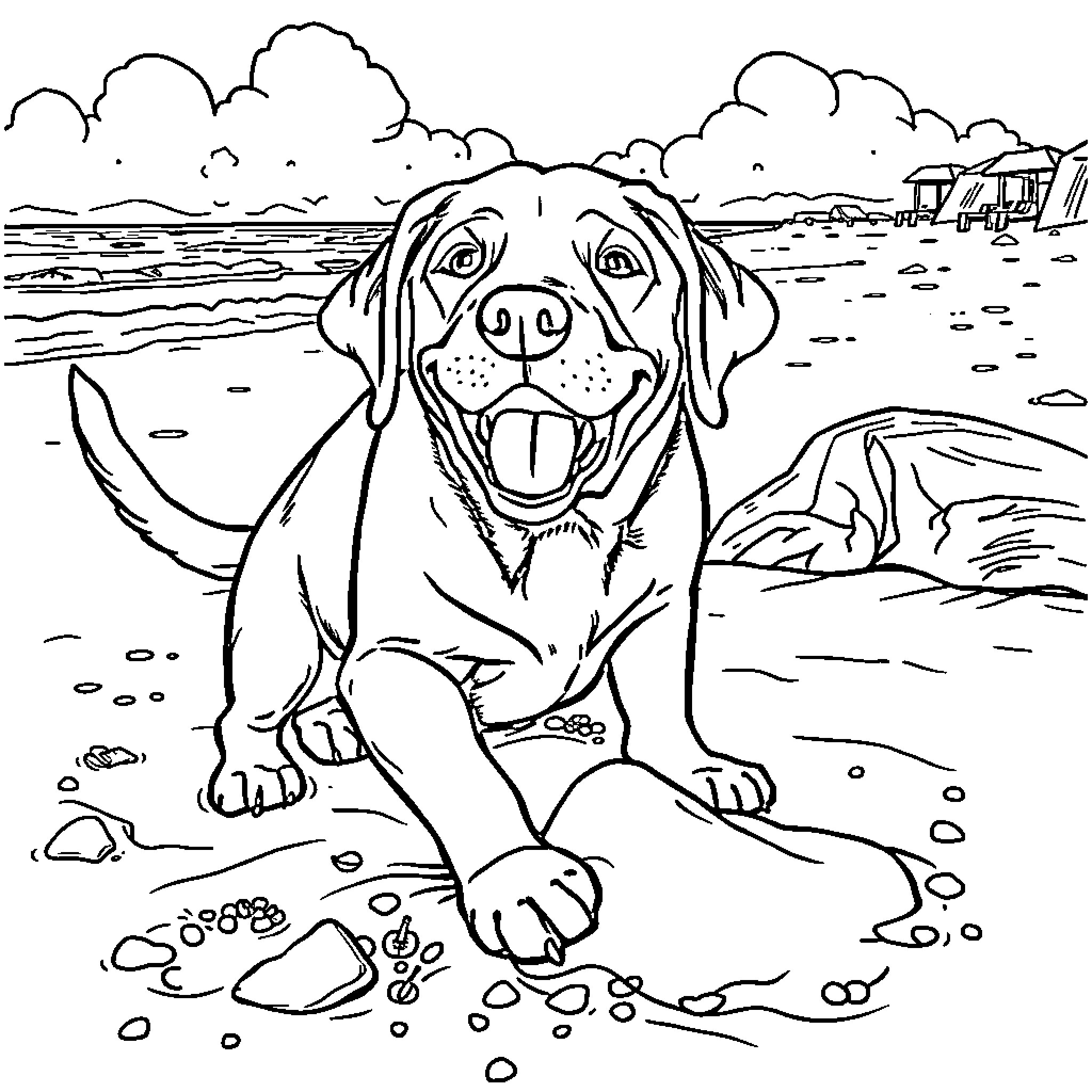 Dog smiling happily on the beach Coloring Page (free black-and-white line drawing printable PDF for all, from beginners to advanced learners, including children, teens, adults, and seniors)