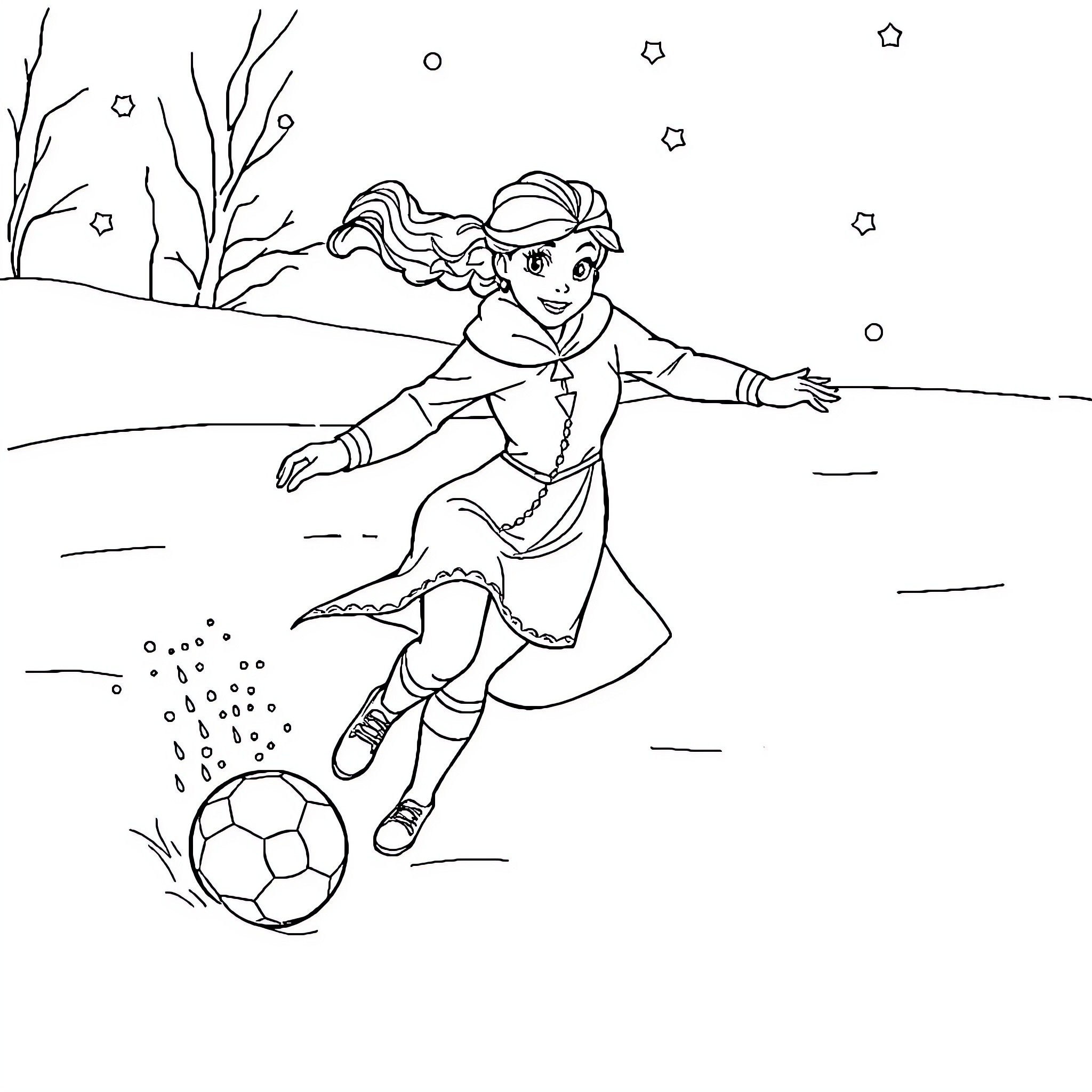 Snow Queen playing soccer in the winter landscape Coloring Page (free black-and-white line drawing printable PDF for all, from beginners to advanced learners, including children, teens, adults, and seniors)