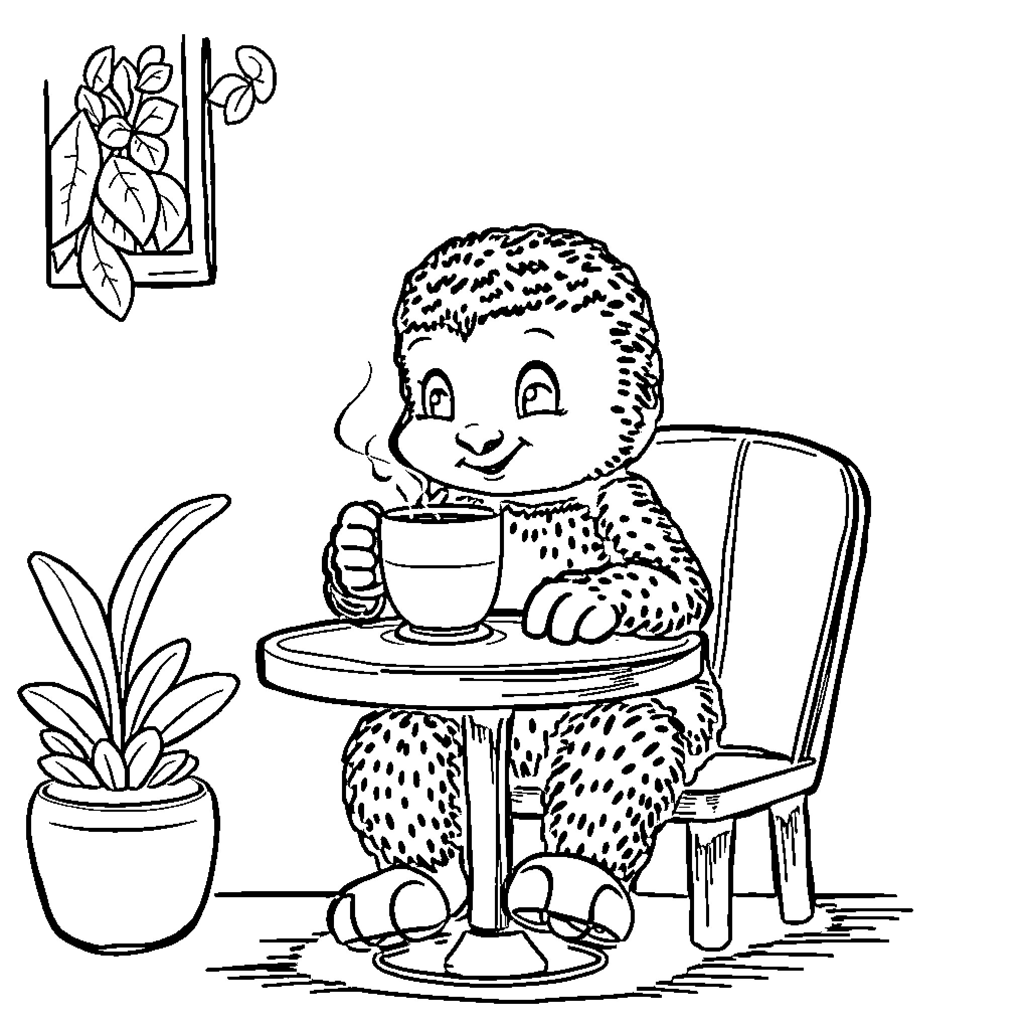 Labubu enjoying a cozy cup of tea Coloring Page (free black-and-white line drawing printable PDF for all, from beginners to advanced learners, including children, teens, adults, and seniors)