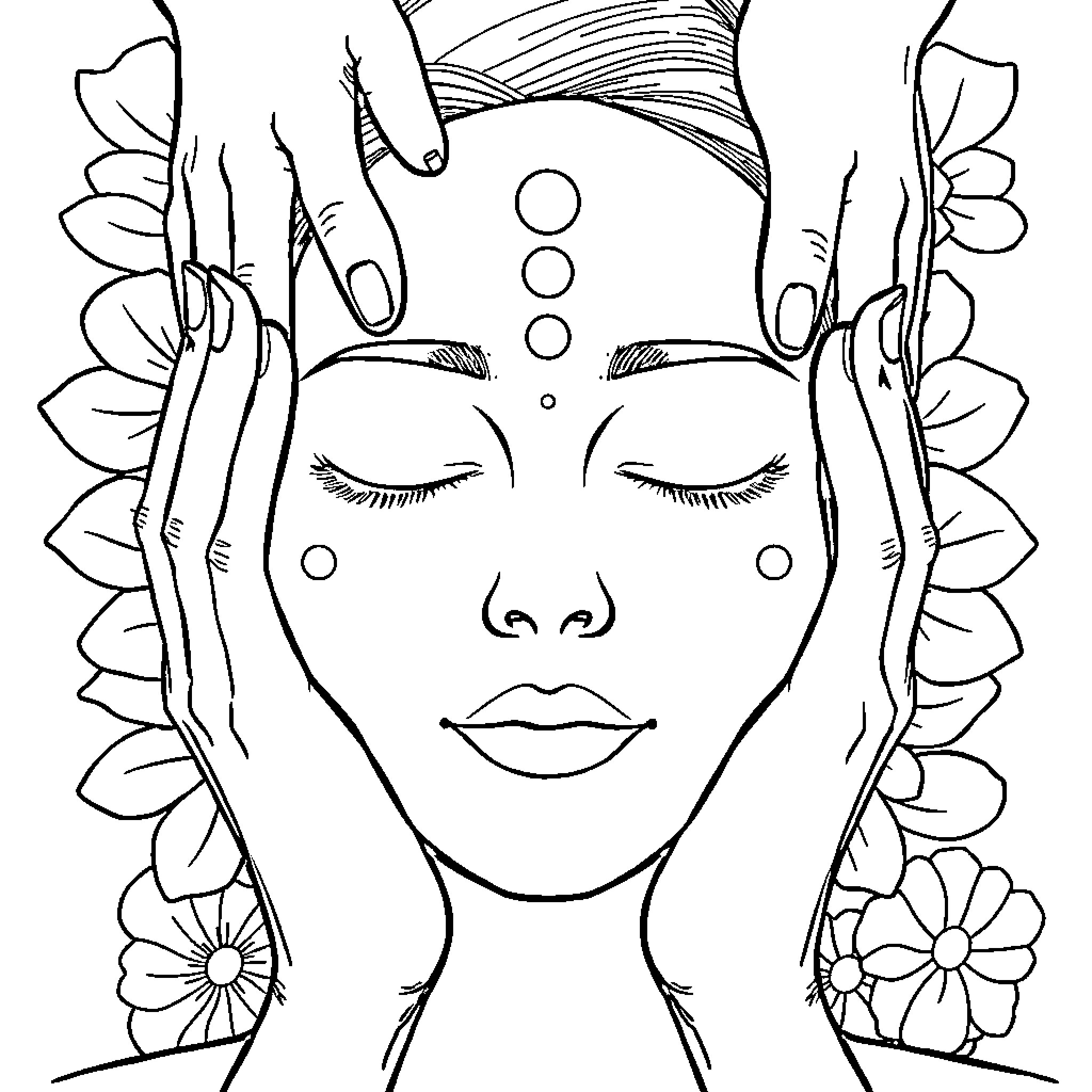 Face of a serene woman surrounded by flowers Coloring Page (free black-and-white line drawing printable PDF for all, from beginners to advanced learners, including children, teens, adults, and seniors)