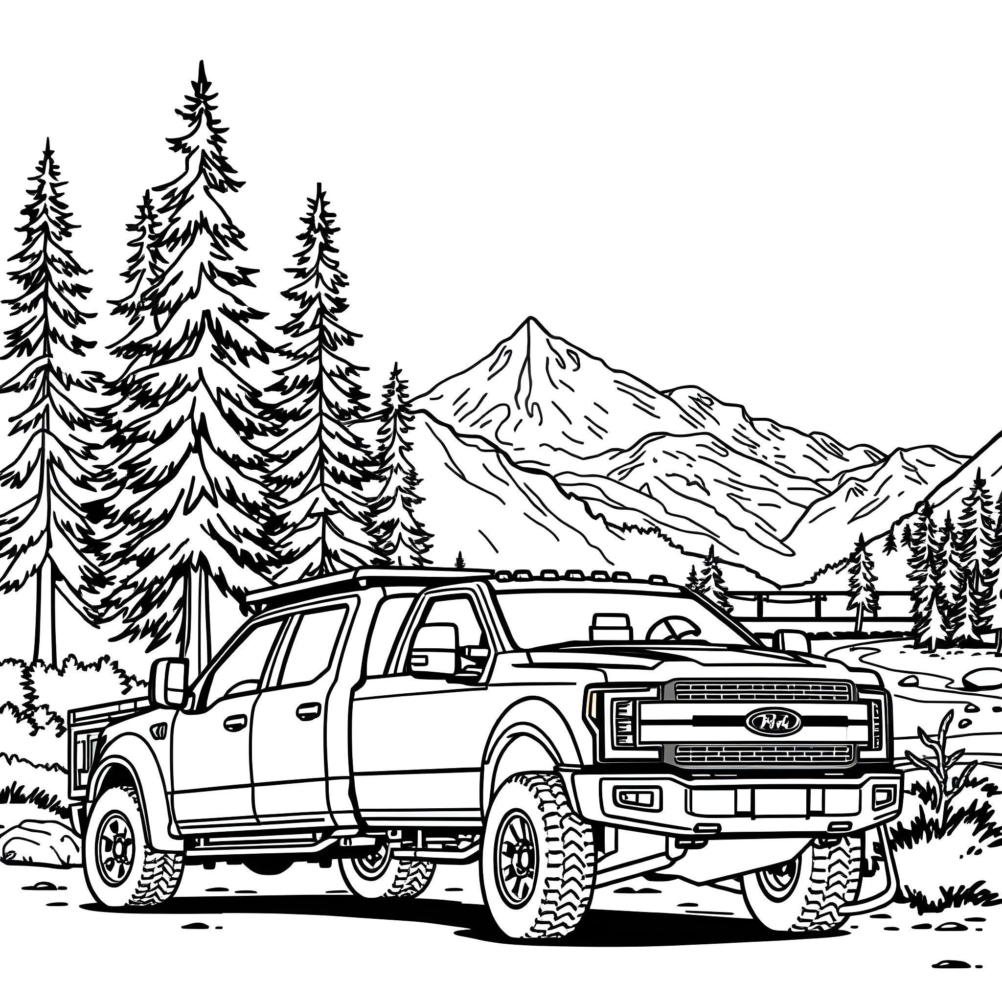 Pickup truck exploring wilderness in snowy mountains Coloring Page (free black-and-white line drawing printable PDF for all, from beginners to advanced learners, including children, teens, adults, and seniors)