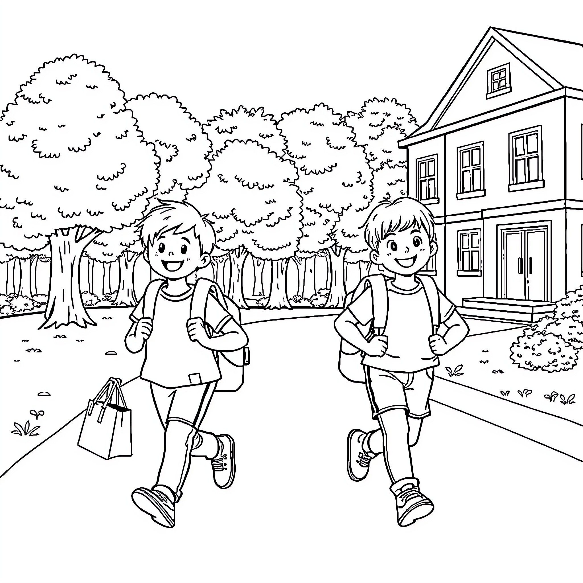 Enfant Walk Happily Together in the Neighborhood Coloring Page (free black-and-white line drawing printable PDF for all, from beginners to advanced learners, including children, teens, adults, and seniors)