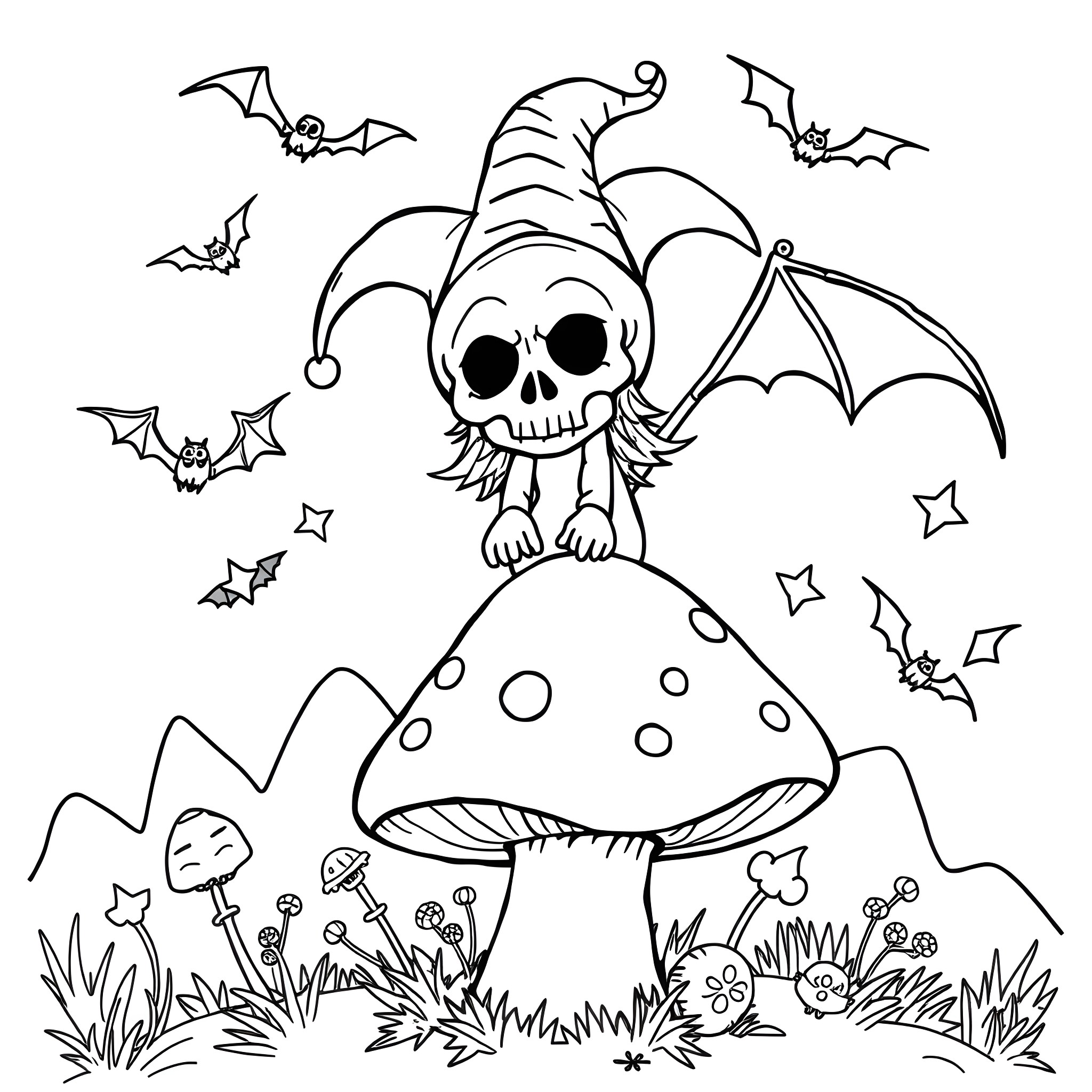 Kuromi playing among Halloween-themed elements Coloring Page (free black-and-white line drawing printable PDF for all, from beginners to advanced learners, including children, teens, adults, and seniors)