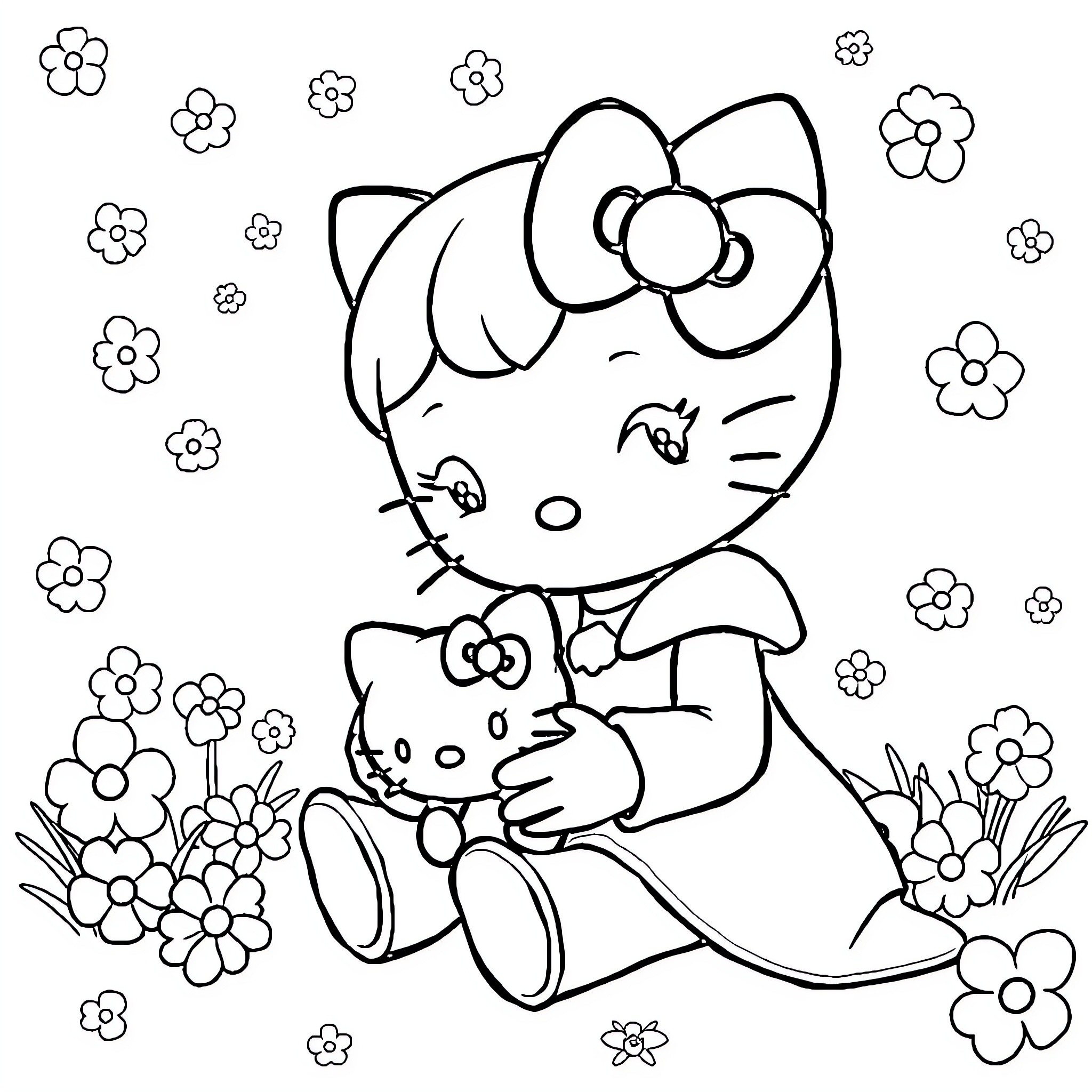 Miraculous Floral Adventure of Cute Kitty Coloring Page (free black-and-white line drawing printable PDF for all, from beginners to advanced learners, including children, teens, adults, and seniors)