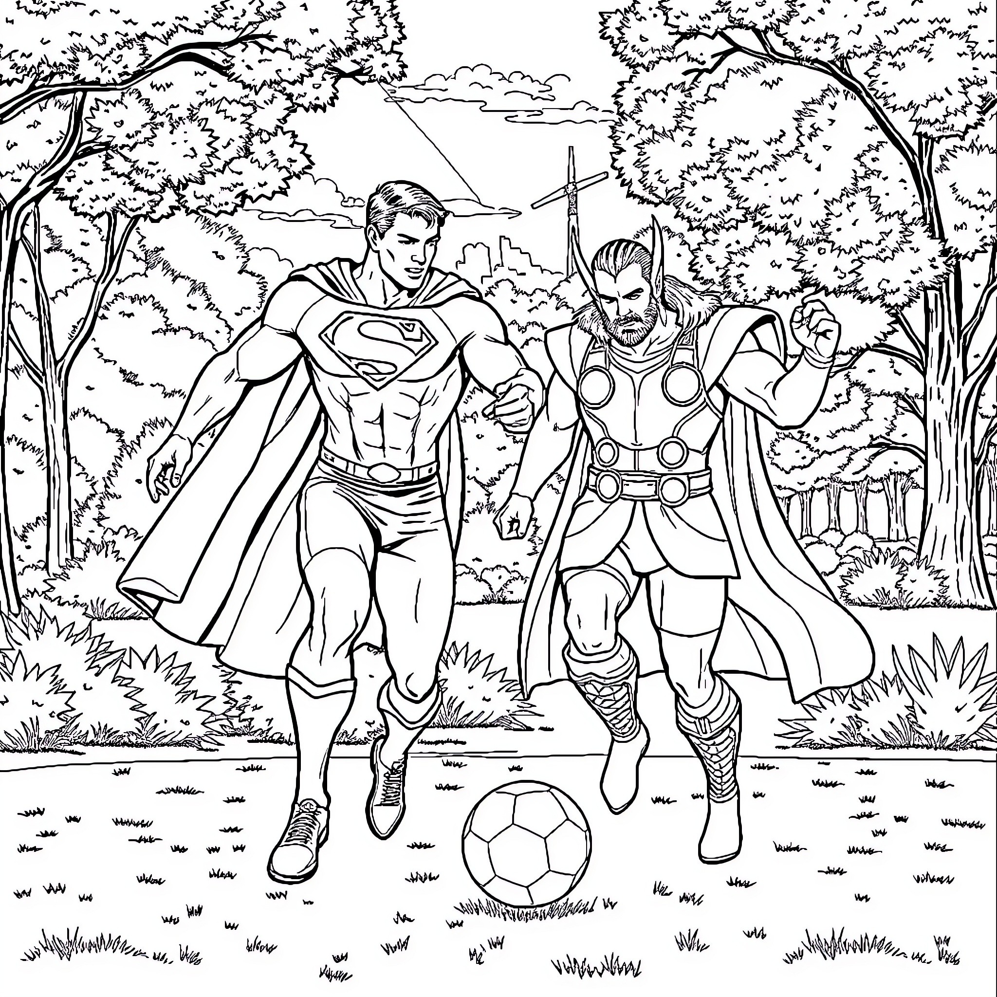 Superman and Thor in action in the forest Coloring Page (free black-and-white line drawing printable PDF for all, from beginners to advanced learners, including children, teens, adults, and seniors)