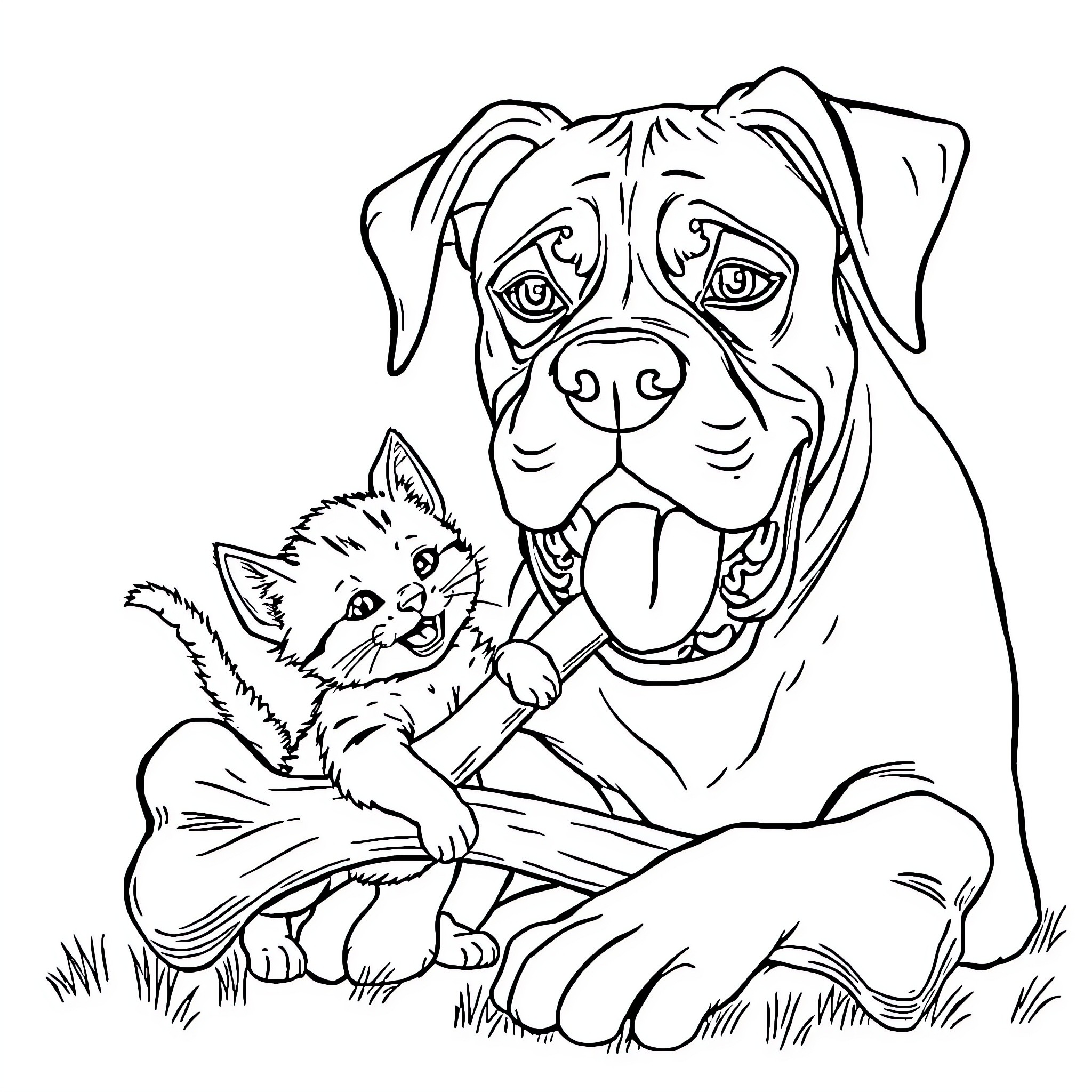Kitten and Puppy Sharing Playtime Outdoors Coloring Page (free black-and-white line drawing printable PDF for all, from beginners to advanced learners, including children, teens, adults, and seniors)