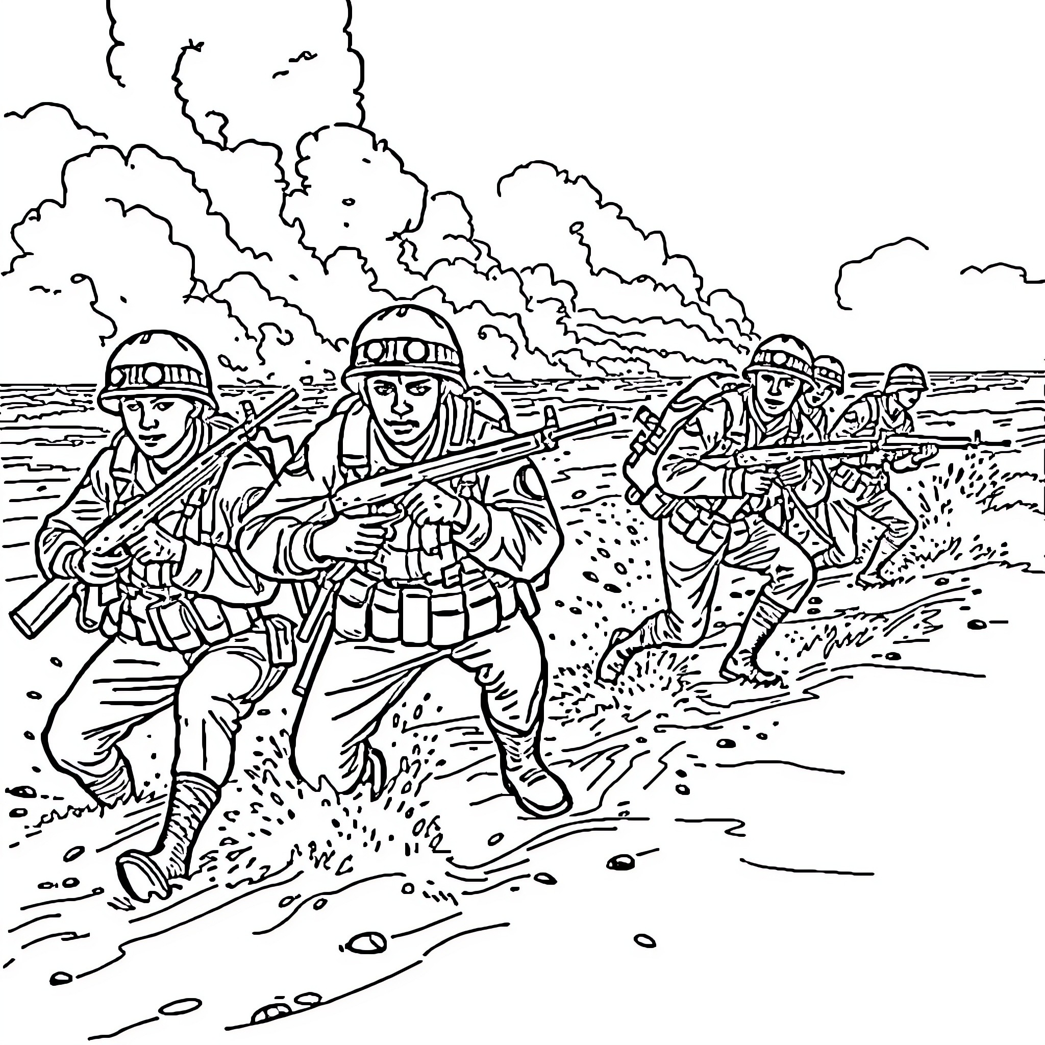 Army Rangers in Combat Patrol Coloring Page (free black-and-white line drawing printable PDF for all, from beginners to advanced learners, including children, teens, adults, and seniors)