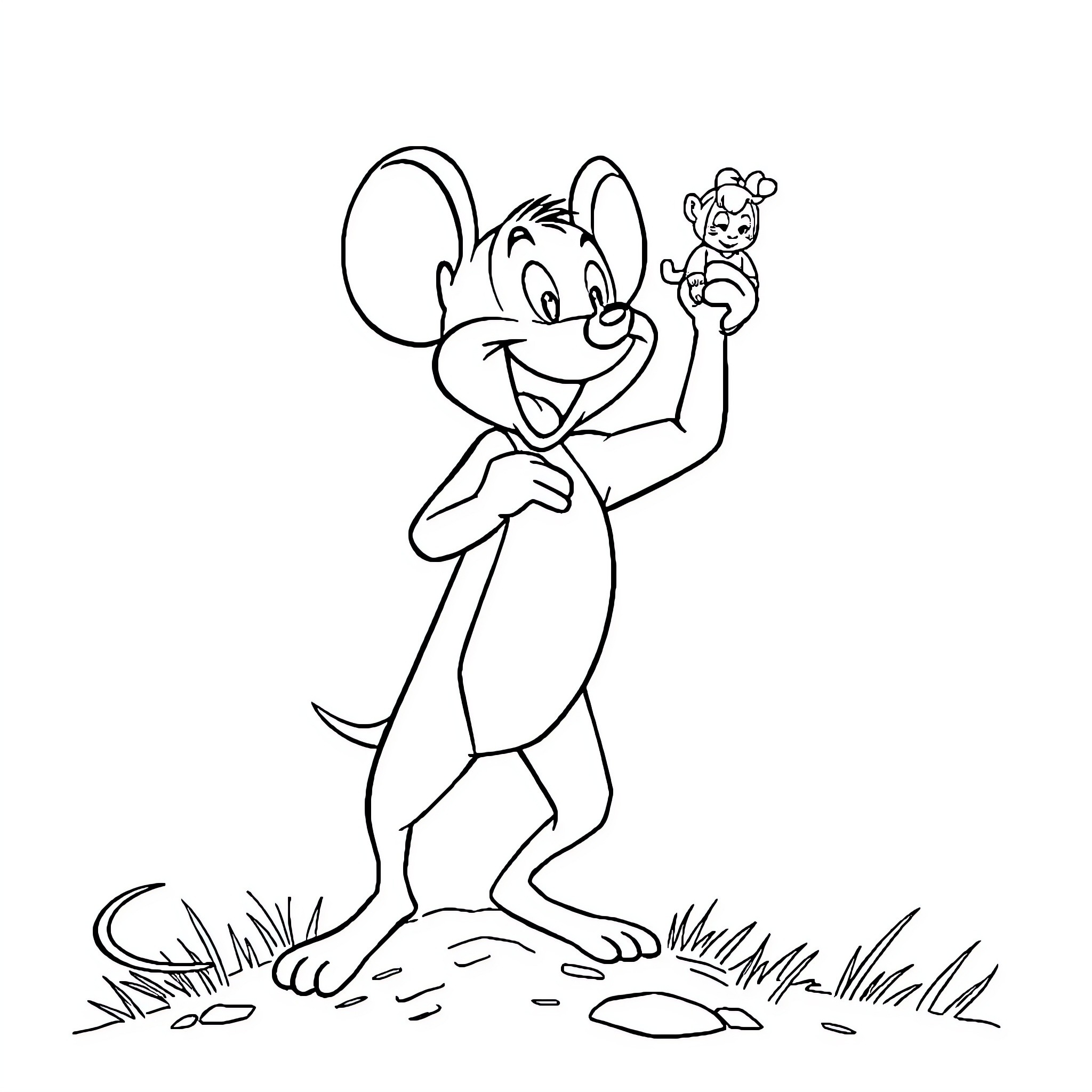 Mighty Mouse proudly displaying his tiny companion Coloring Page (free black-and-white line drawing printable PDF for all, from beginners to advanced learners, including children, teens, adults, and seniors)