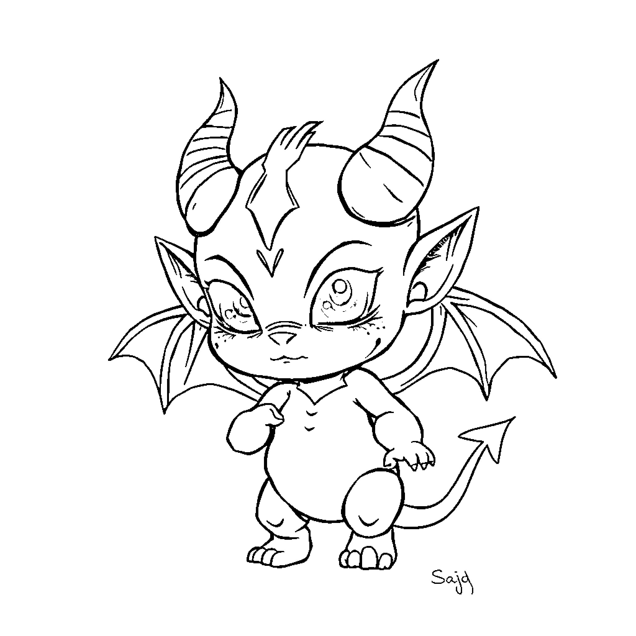 Demon Baby Mischievously Posing with Horns and Tail Coloring Page (free black-and-white line drawing printable PDF for all, from beginners to advanced learners, including children, teens, adults, and seniors)