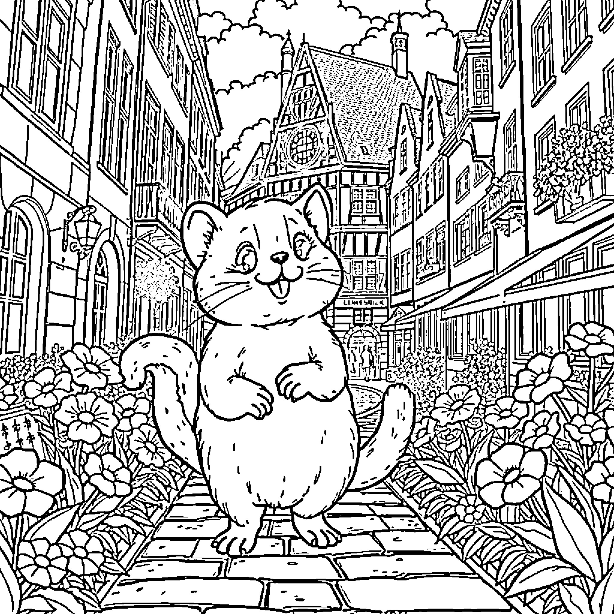 Miki Maus explores whimsical European town Coloring Page (free black-and-white line drawing printable PDF for all, from beginners to advanced learners, including children, teens, adults, and seniors)