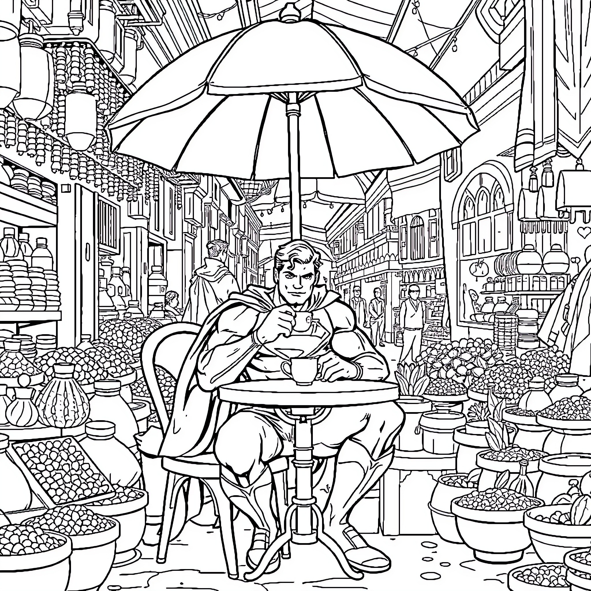 Superman enjoying a relaxing day in the city Coloring Page (free black-and-white line drawing printable PDF for all, from beginners to advanced learners, including children, teens, adults, and seniors)