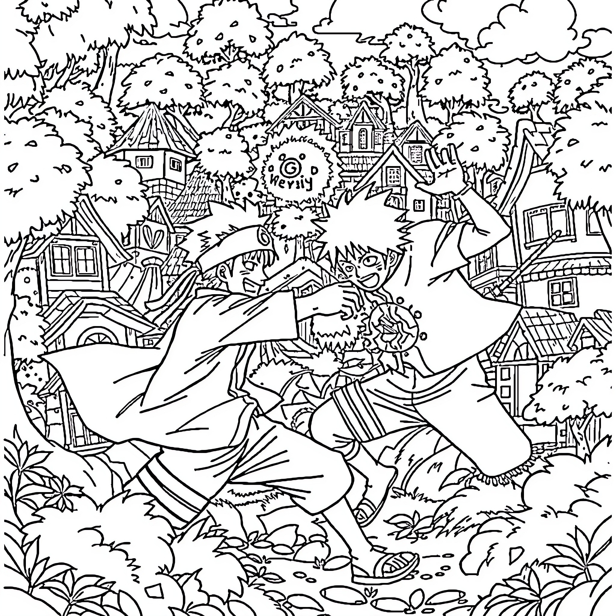 Naruto and friends exploring the vibrant ninja village Coloring Page (free black-and-white line drawing printable PDF for all, from beginners to advanced learners, including children, teens, adults, and seniors)