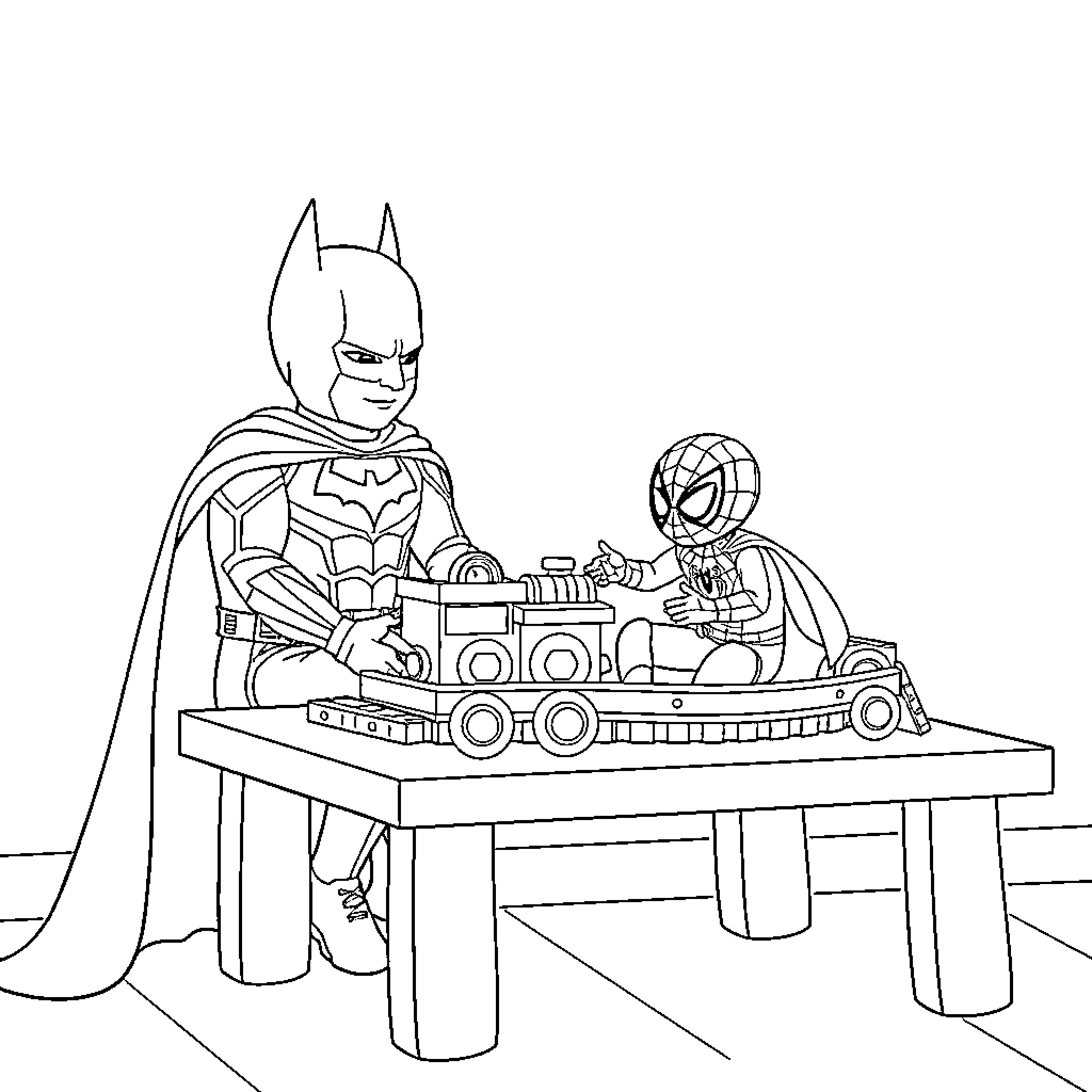 Batman and Spider-Man building toys together Coloring Page (free black-and-white line drawing printable PDF for all, from beginners to advanced learners, including children, teens, adults, and seniors)