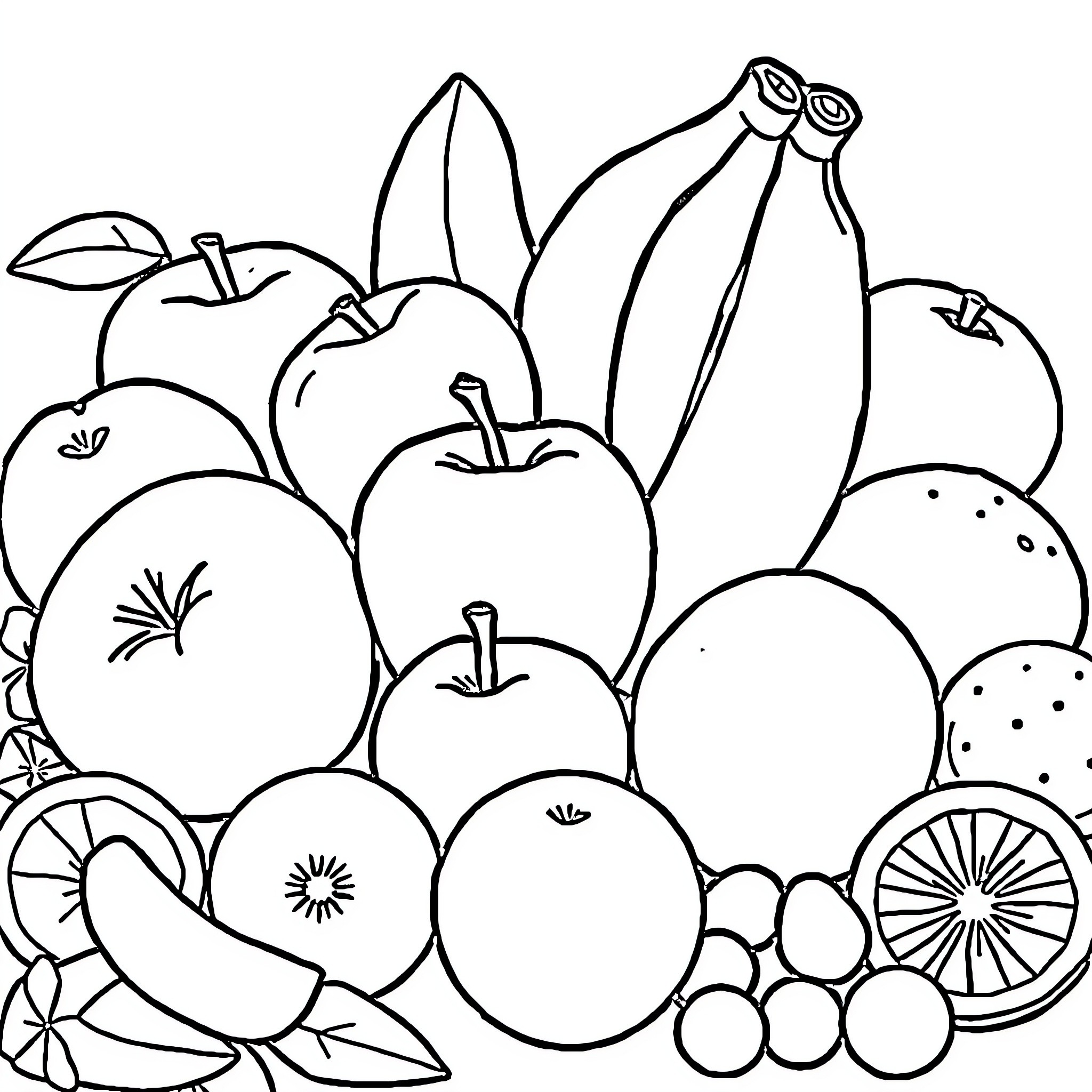 Fruit assortment with various shapes and sizes Coloring Page (free black-and-white line drawing printable PDF for all, from beginners to advanced learners, including children, teens, adults, and seniors)