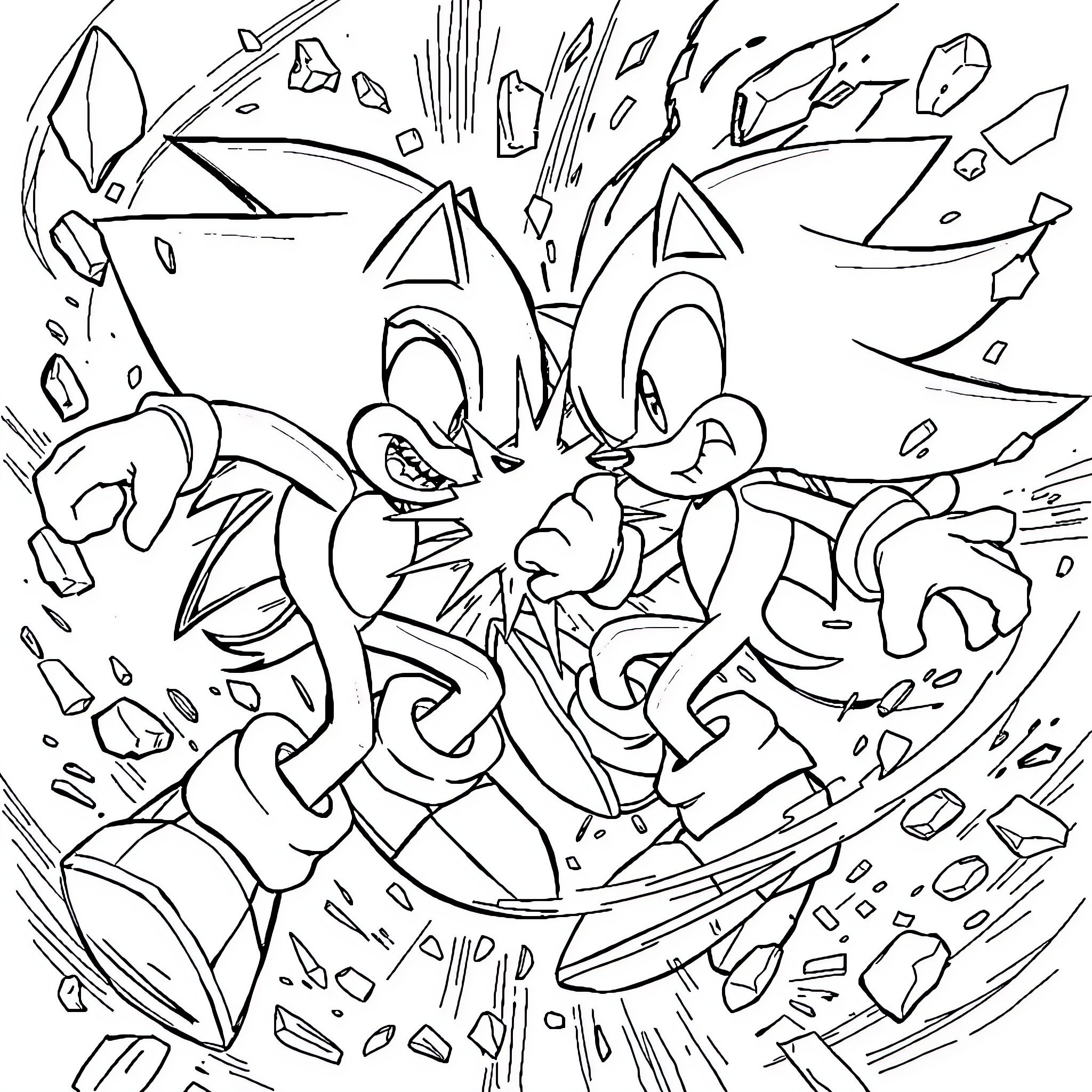 Sonic Characters in Explosive Action Coloring Page (free black-and-white line drawing printable PDF for all, from beginners to advanced learners, including children, teens, adults, and seniors)