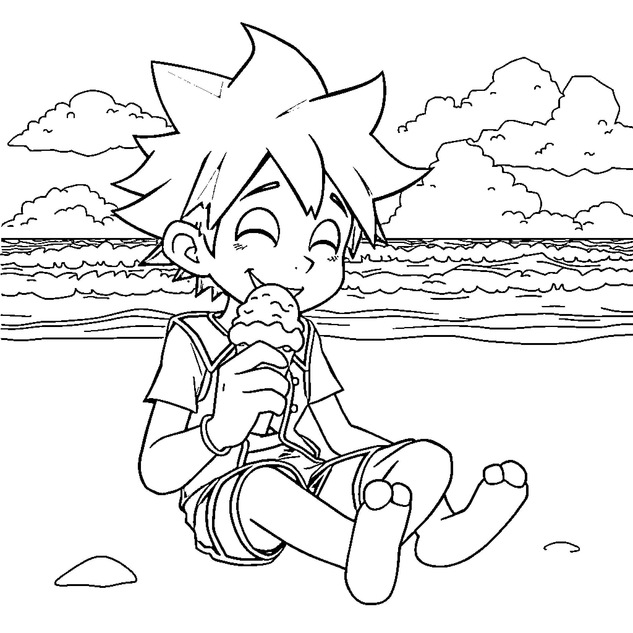 Roxas enjoying a scenic beach view Coloring Page (free black-and-white line drawing printable PDF for all, from beginners to advanced learners, including children, teens, adults, and seniors)
