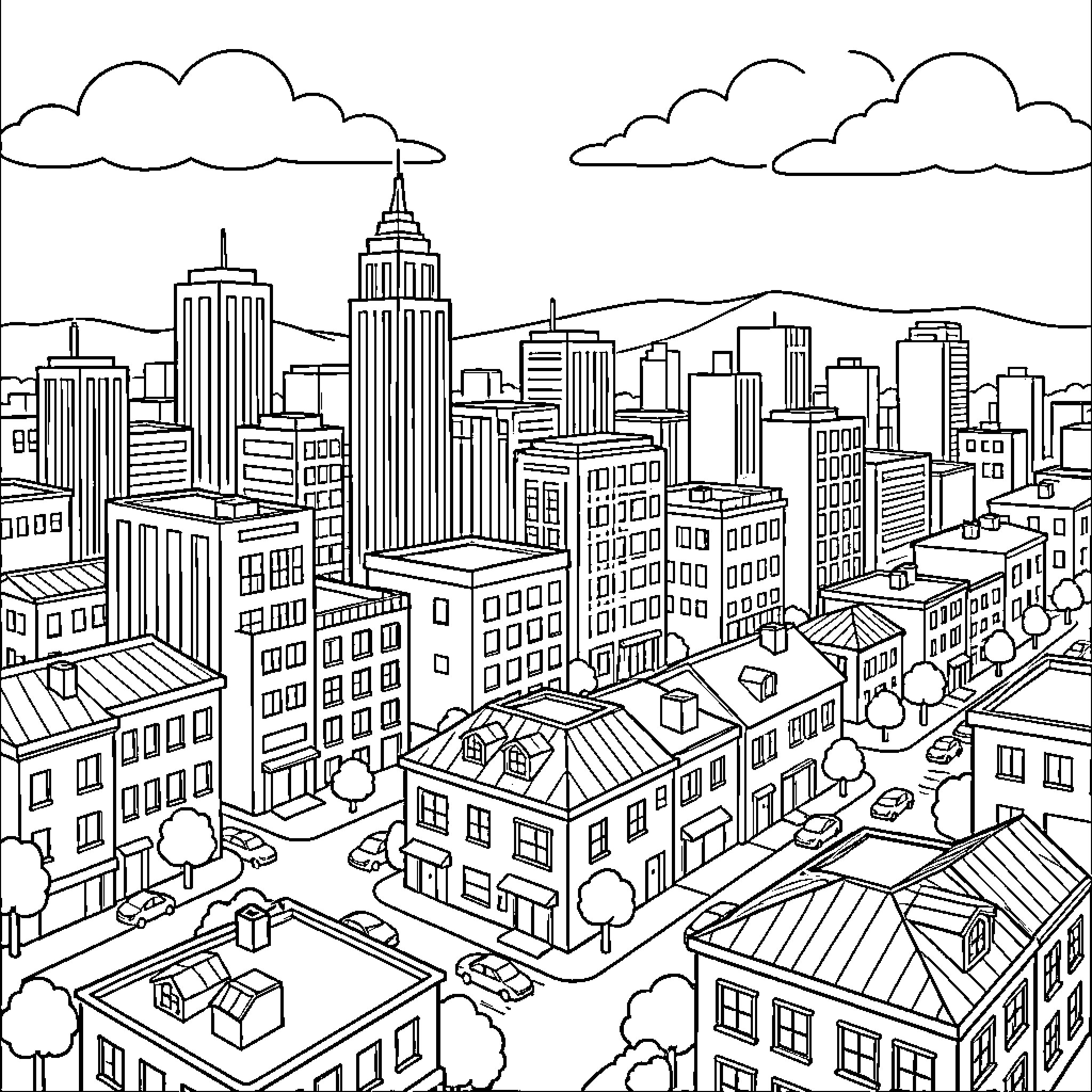 City of skyscrapers and bustling urban life Coloring Page (free black-and-white line drawing printable PDF for all, from beginners to advanced learners, including children, teens, adults, and seniors)