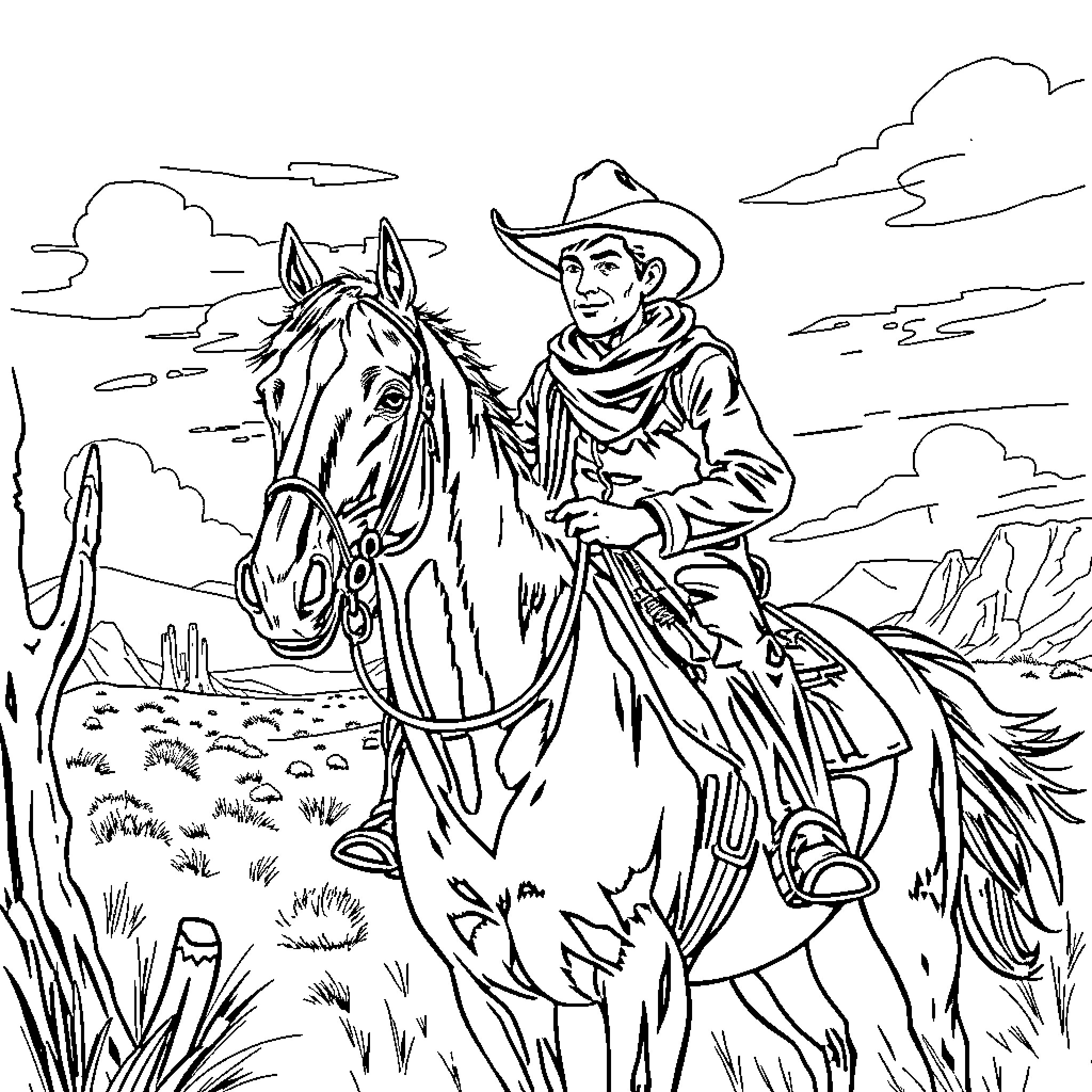 Billy's Wild West Adventure with his Trusty Steed Coloring Page (free black-and-white line drawing printable PDF for all, from beginners to advanced learners, including children, teens, adults, and seniors)