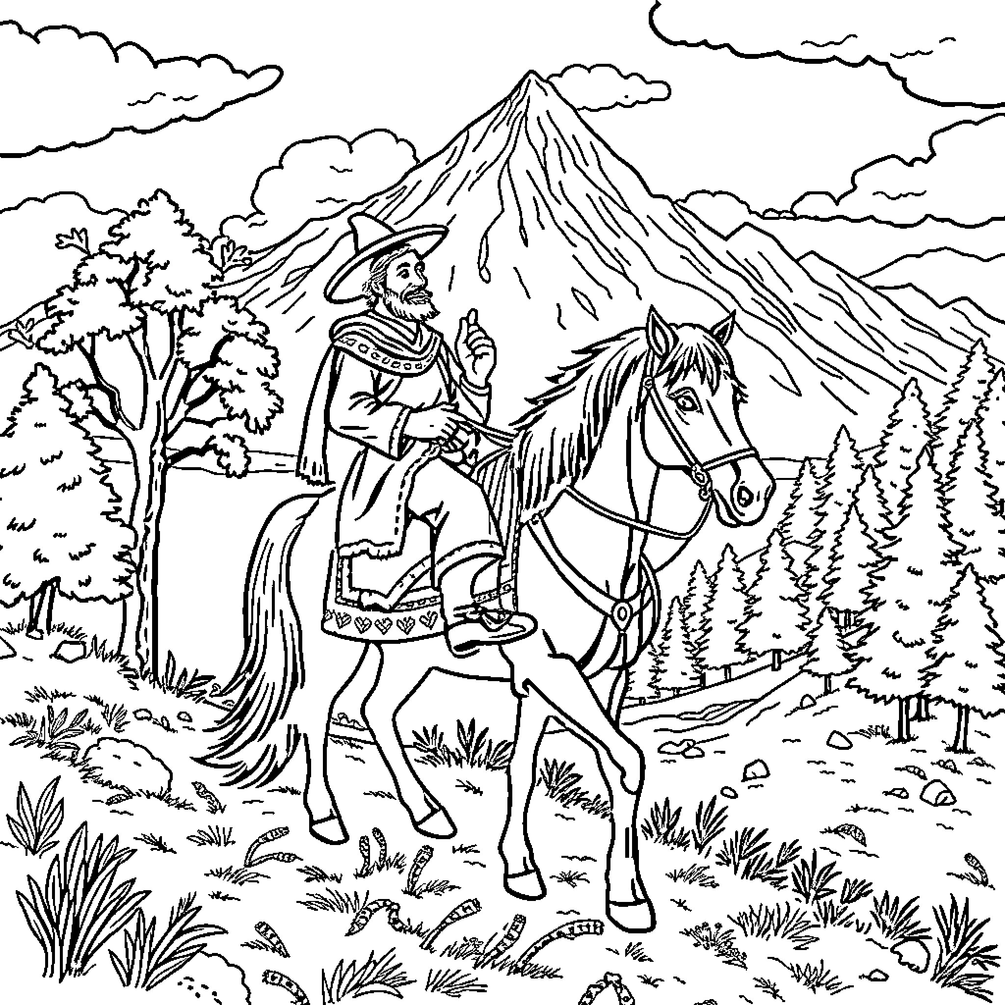 Olentzero riding through the mountains on horseback Coloring Page (free black-and-white line drawing printable PDF for all, from beginners to advanced learners, including children, teens, adults, and seniors)