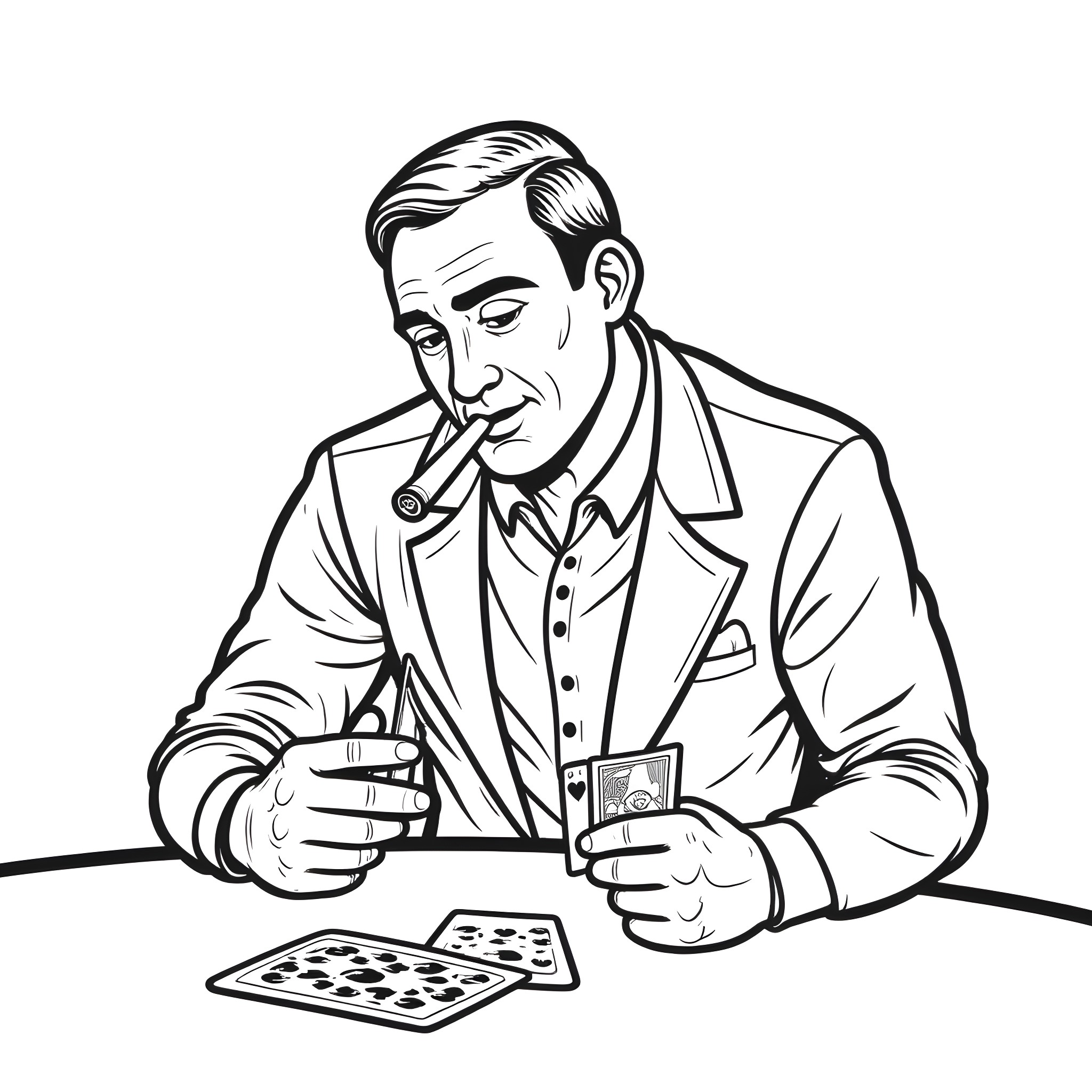 Poker Player Concentrating during Game Coloring Page (free black-and-white line drawing printable PDF for all, from beginners to advanced learners, including children, teens, adults, and seniors)