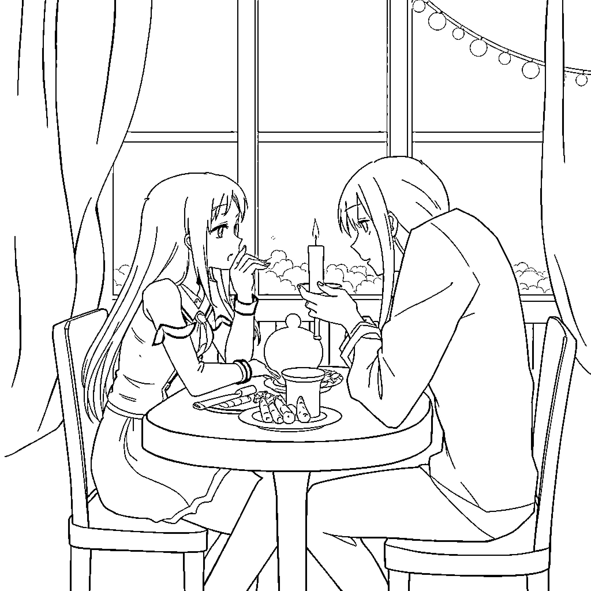 Kirito and Asuna enjoying a cozy meal by the window Coloring Page (free black-and-white line drawing printable PDF for all, from beginners to advanced learners, including children, teens, adults, and seniors)