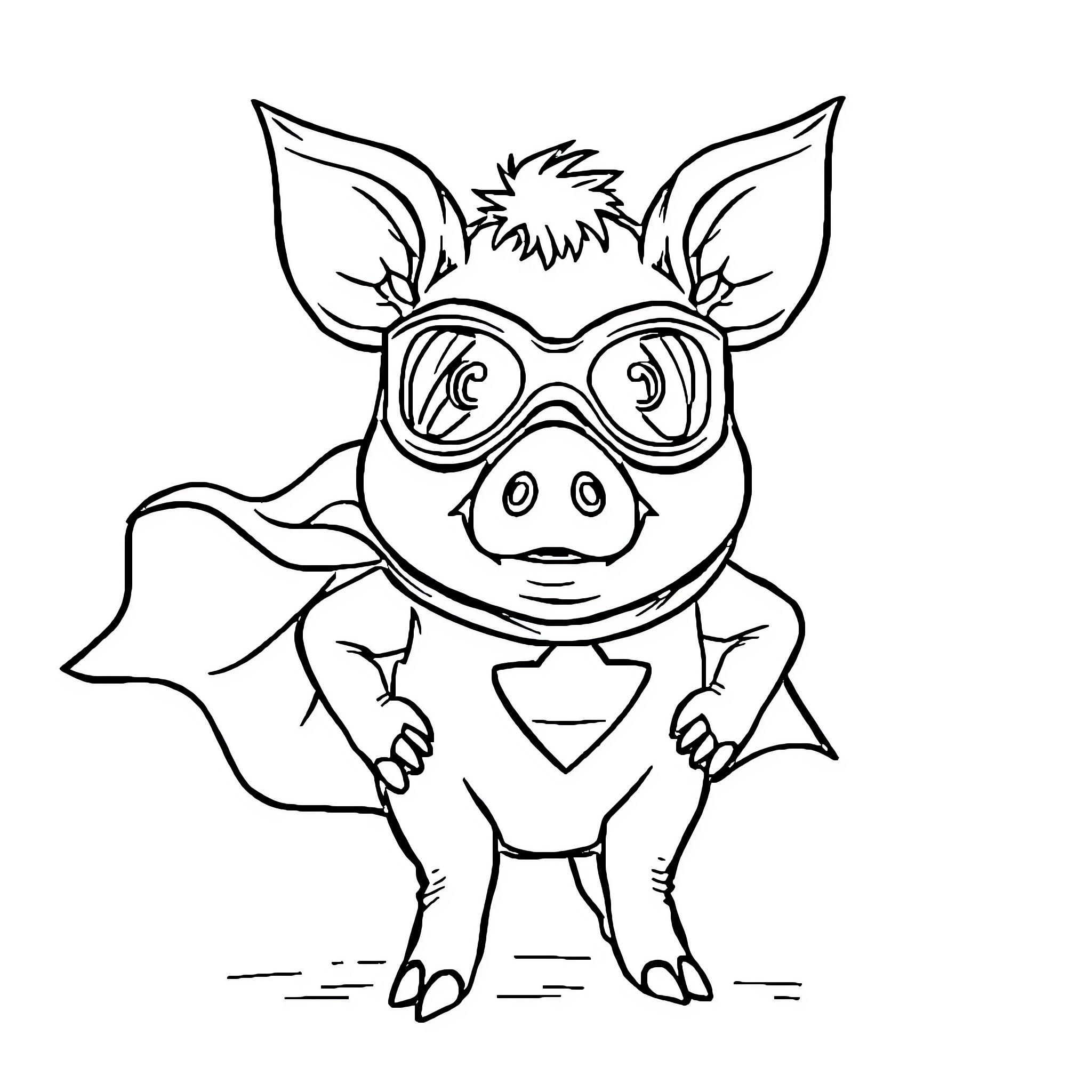 Superhero Pig in Mask and Cape Coloring Page (free black-and-white line drawing printable PDF for all, from beginners to advanced learners, including children, teens, adults, and seniors)