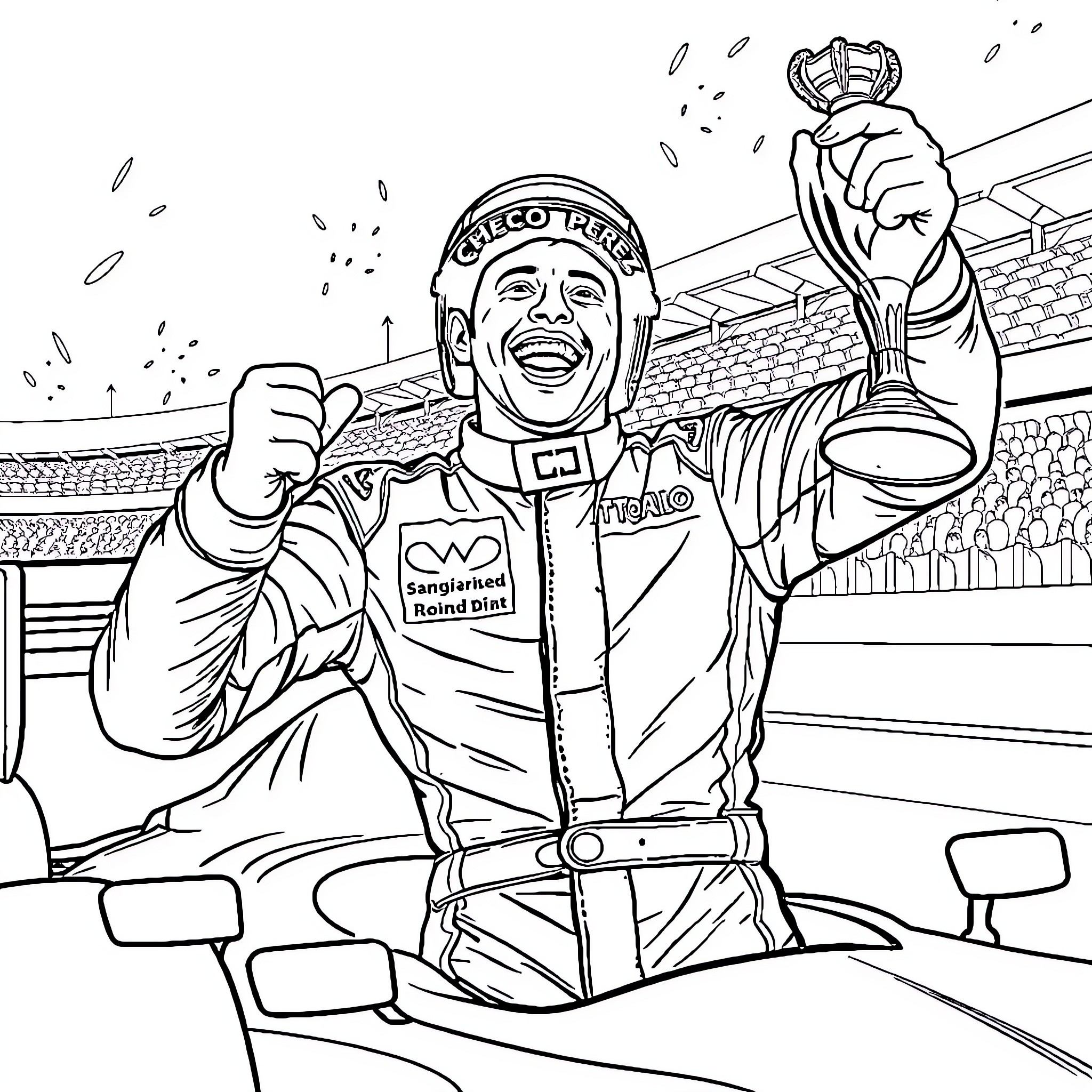 Checo Pérez celebrating victory in racing event Coloring Page (free black-and-white line drawing printable PDF for all, from beginners to advanced learners, including children, teens, adults, and seniors)