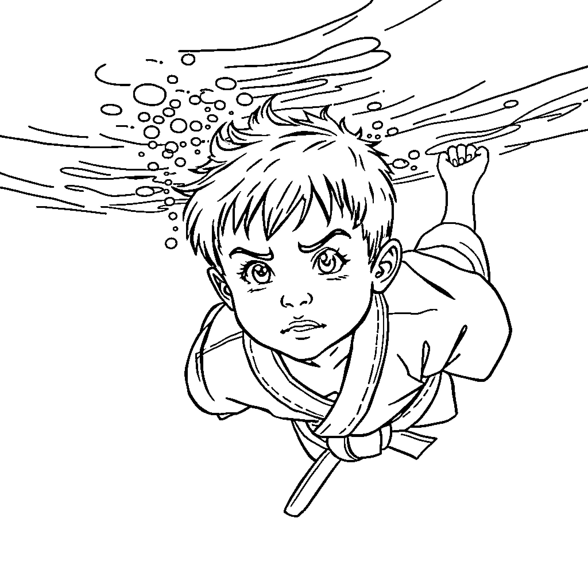 Judo Kid Engaging in Intense Martial Arts Training Coloring Page (free black-and-white line drawing printable PDF for all, from beginners to advanced learners, including children, teens, adults, and seniors)