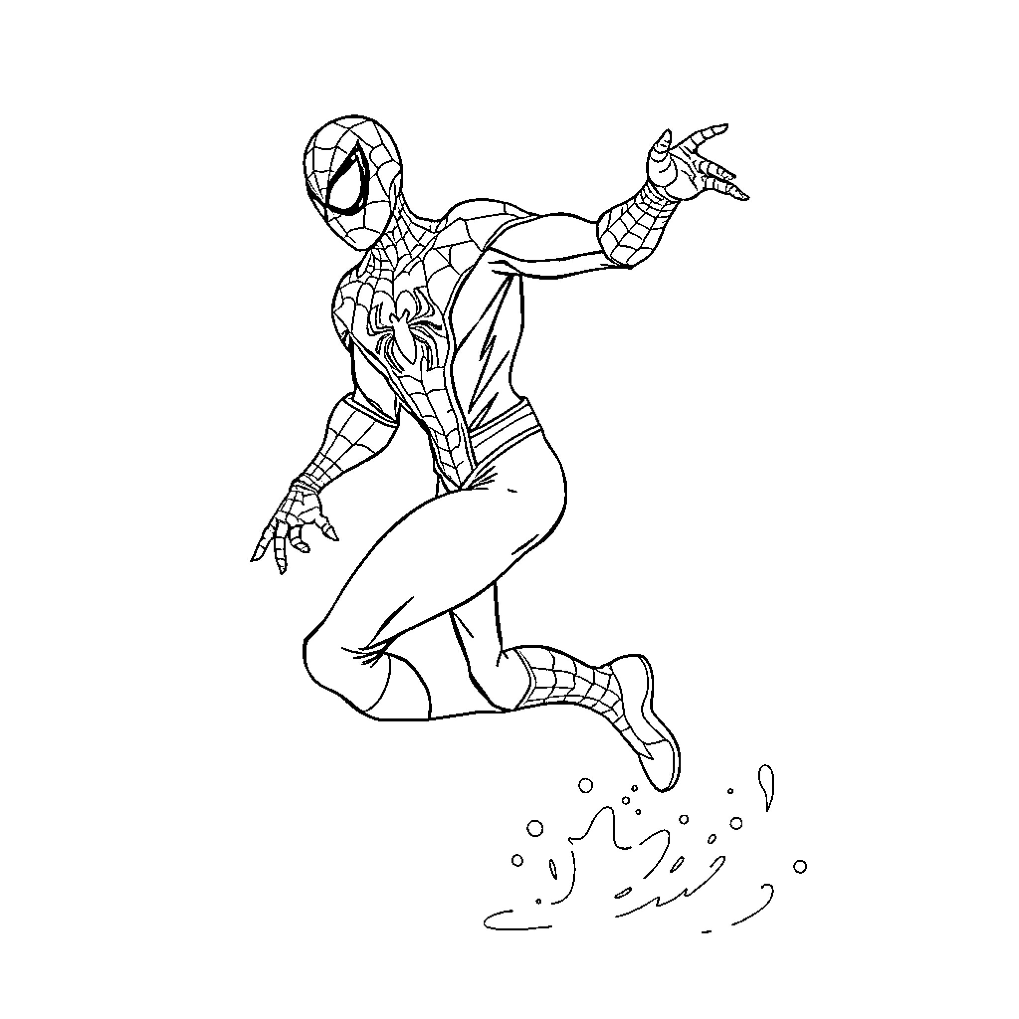 Spiderman swinging in action pose Coloring Page (free black-and-white line drawing printable PDF for all, from beginners to advanced learners, including children, teens, adults, and seniors)