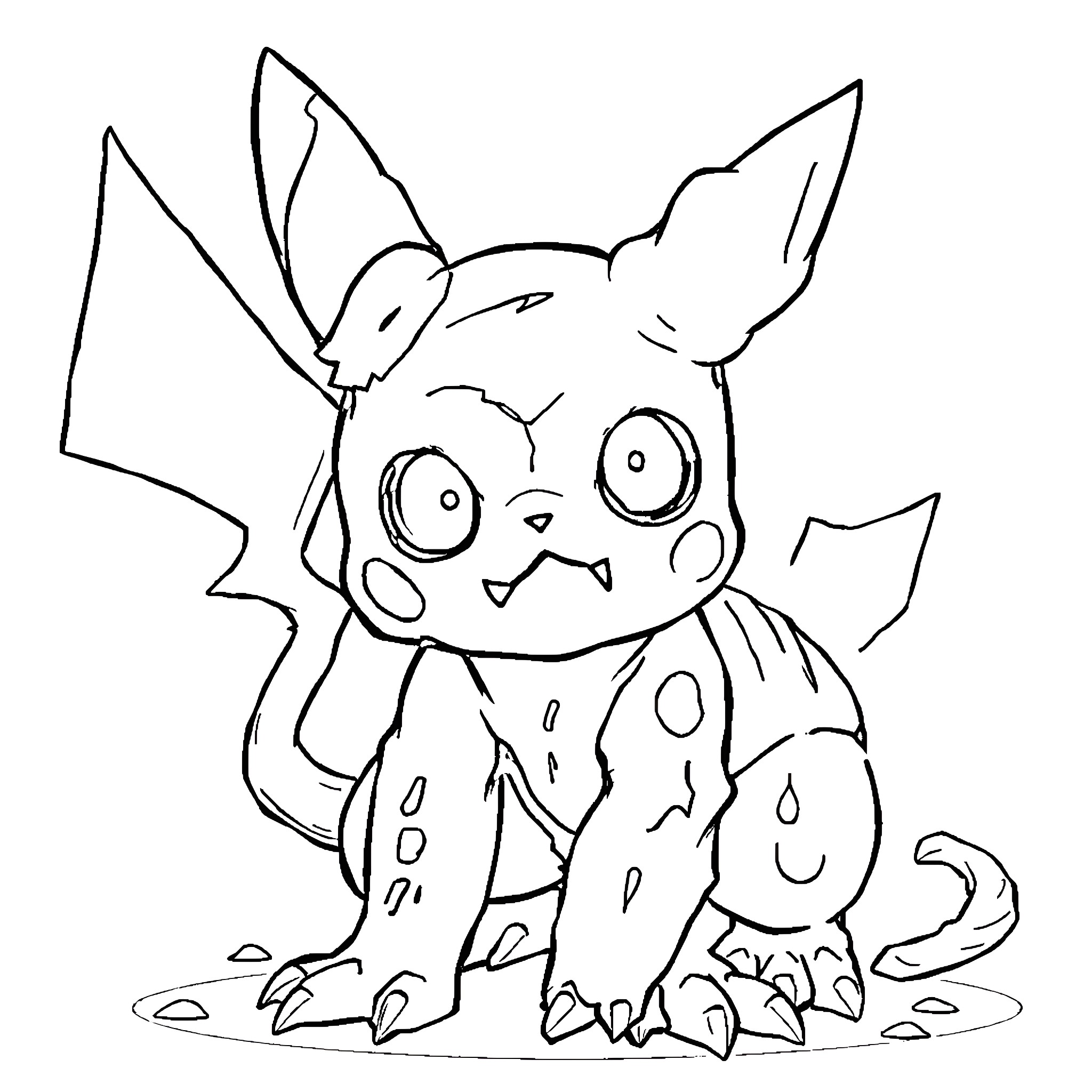Zombie Pokémon creature with big eyes and spooky expression Coloring Page (free black-and-white line drawing printable PDF for all, from beginners to advanced learners, including children, teens, adults, and seniors)