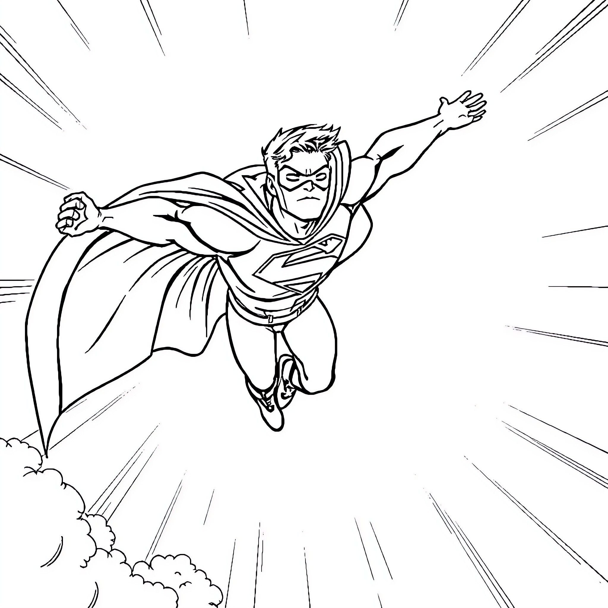 Superhero rushing through the air with determination Coloring Page (free black-and-white line drawing printable PDF for all, from beginners to advanced learners, including children, teens, adults, and seniors)