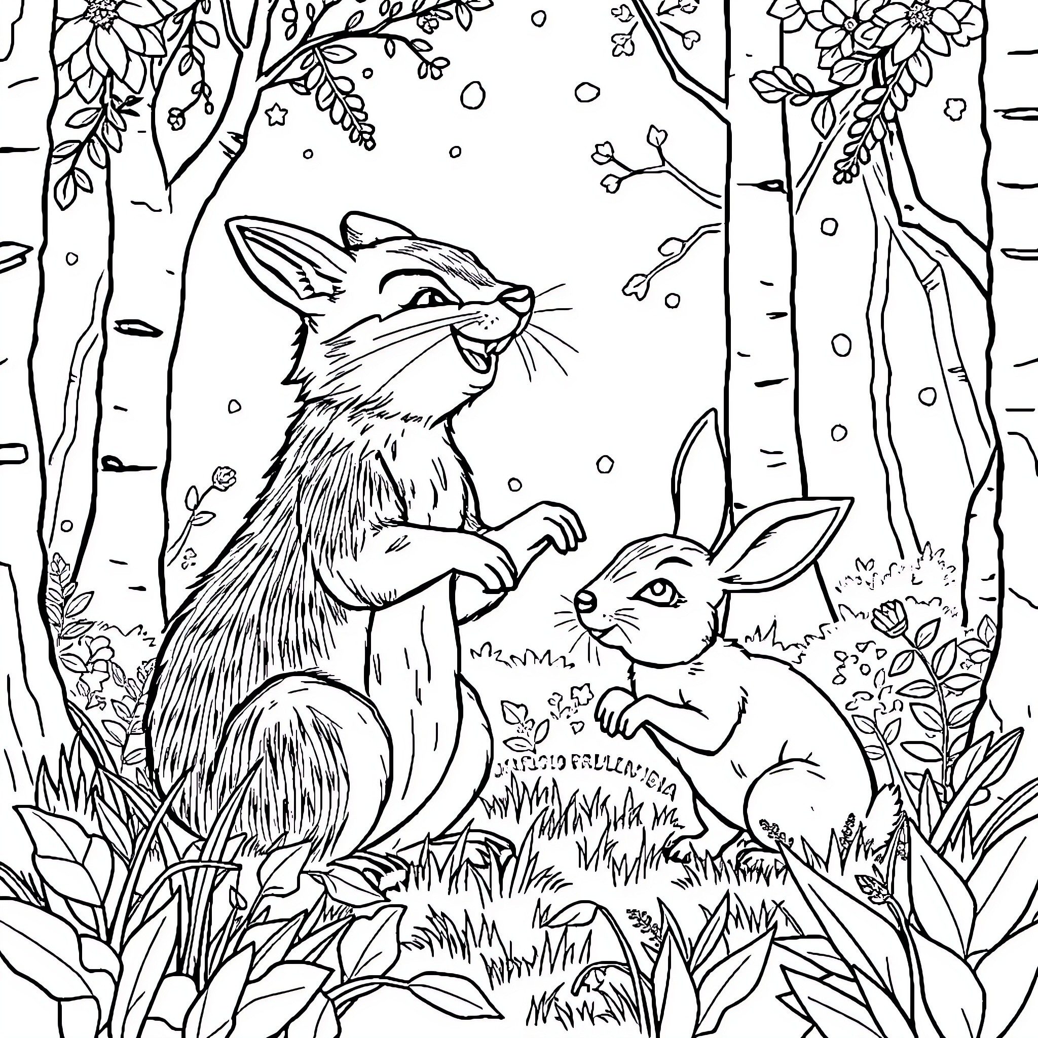 Fox Frolicking with Rabbits in Enchanted Forest Coloring Page (free black-and-white line drawing printable PDF for all, from beginners to advanced learners, including children, teens, adults, and seniors)