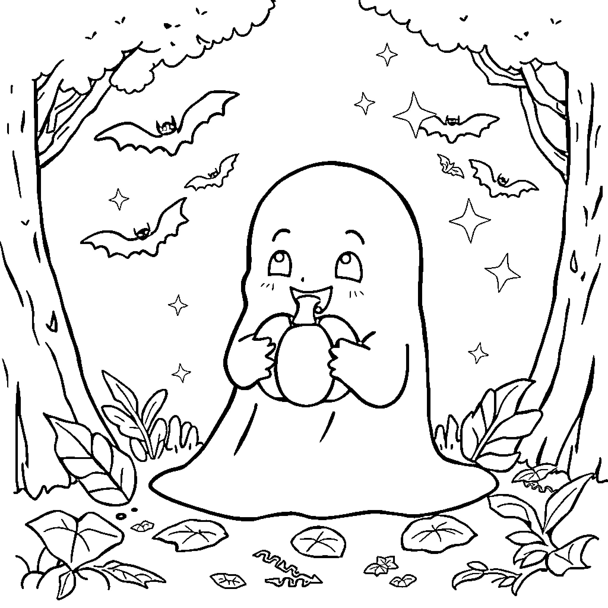 Ghost exploring a spooky forest at night Coloring Page (free black-and-white line drawing printable PDF for all, from beginners to advanced learners, including children, teens, adults, and seniors)
