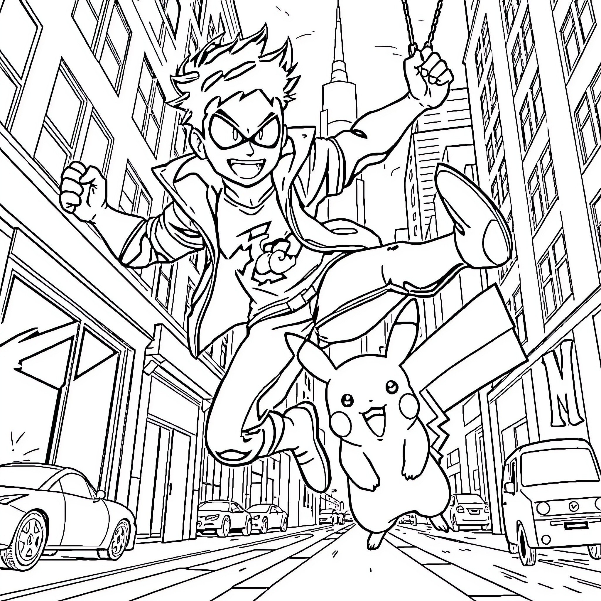Miles Morales swinging through the city in action Coloring Page (free black-and-white line drawing printable PDF for all, from beginners to advanced learners, including children, teens, adults, and seniors)